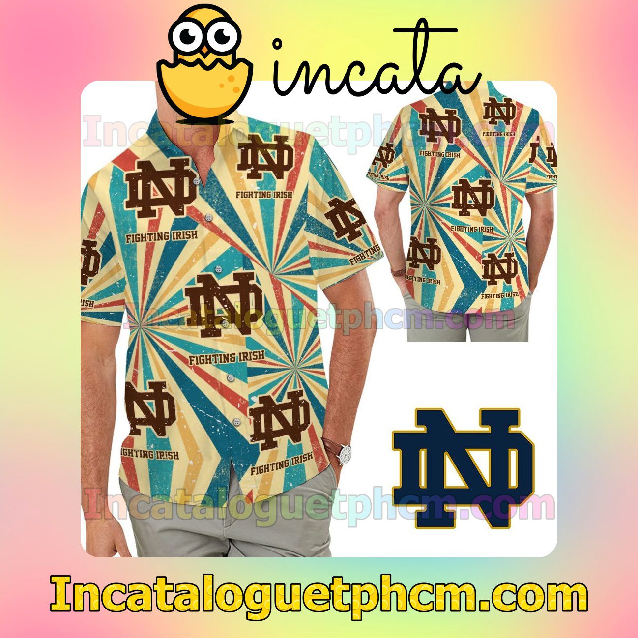 Notre Dame Fighting Irish Retro Vintage Style Beach Vacation Shirt, Swim Shorts