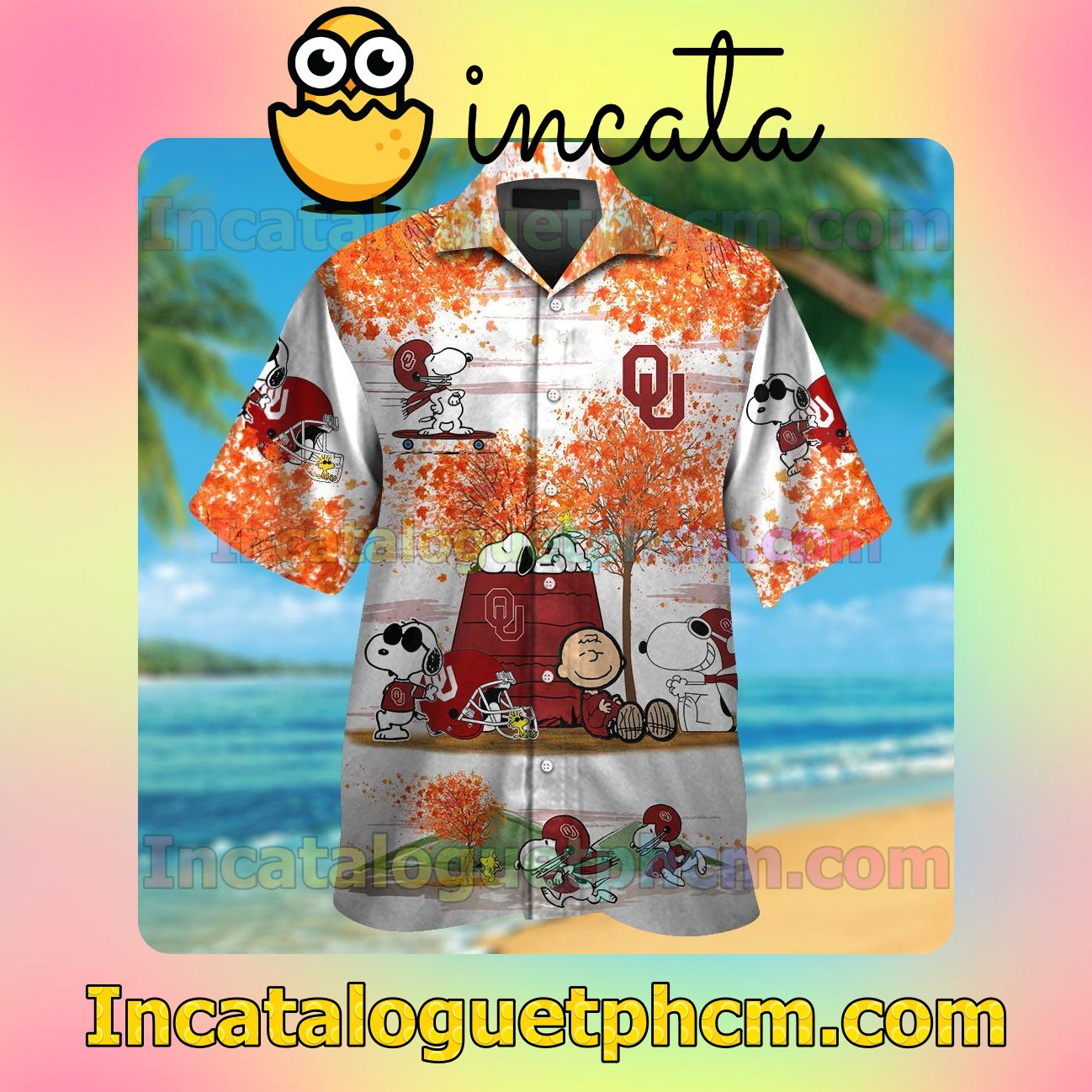 Oklahoma Sooners Snoopy Autumn Beach Vacation Shirt, Swim Shorts