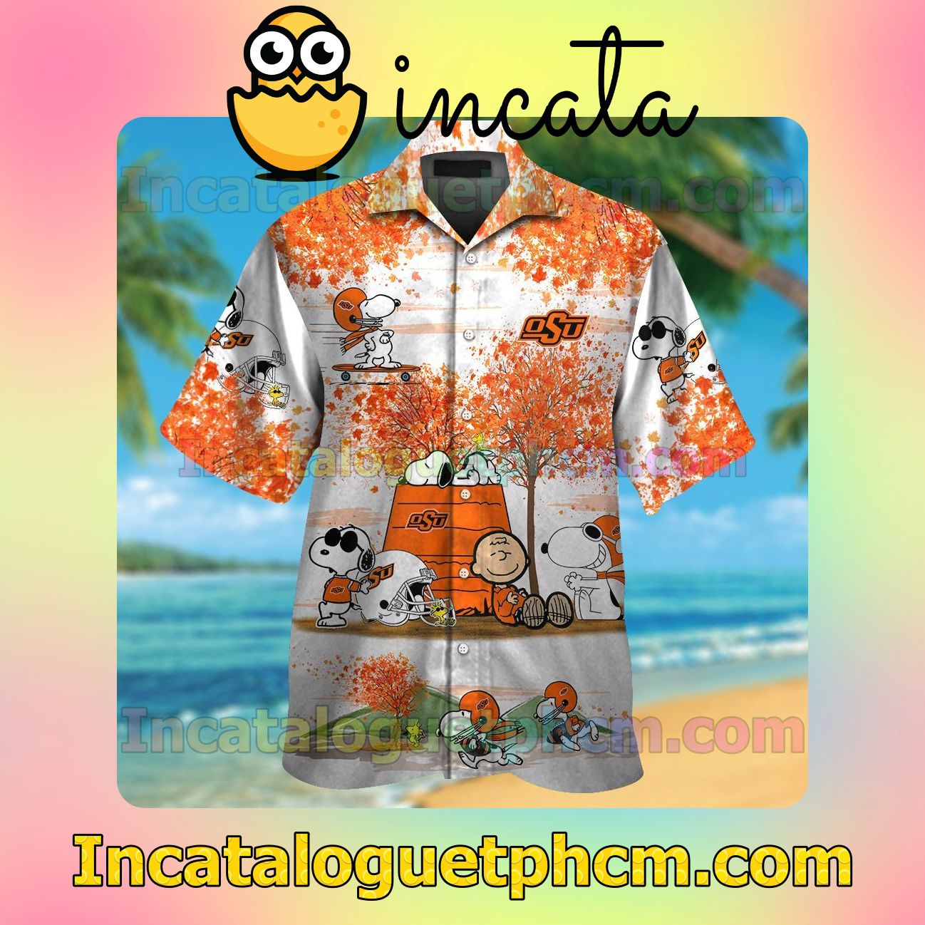 Oklahoma State Cowboys Snoopy Autumn Beach Vacation Shirt, Swim Shorts