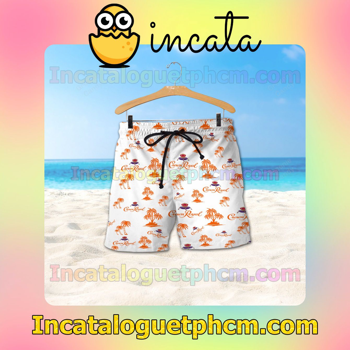 Orange Crown Royal Palm Tree Unisex White Button Shirt And Swim Trunk