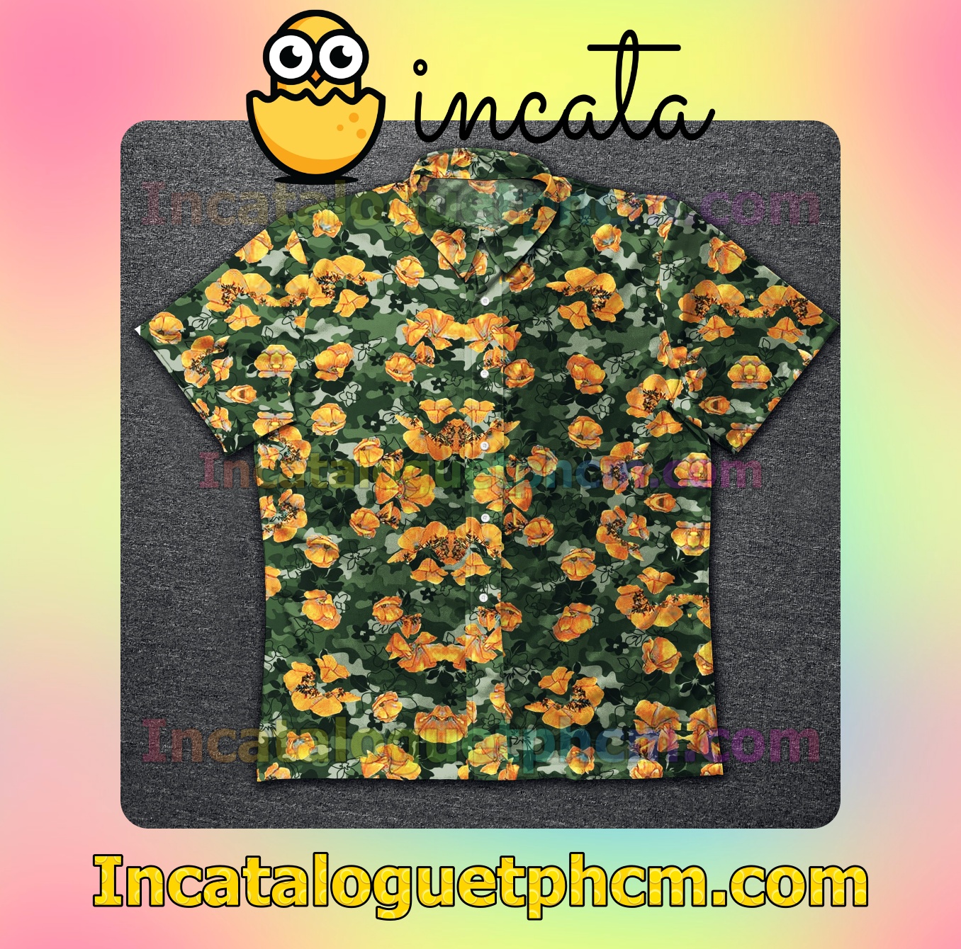 Orange Flower Pattern Green Camo Mens Short Sleeve Shirts