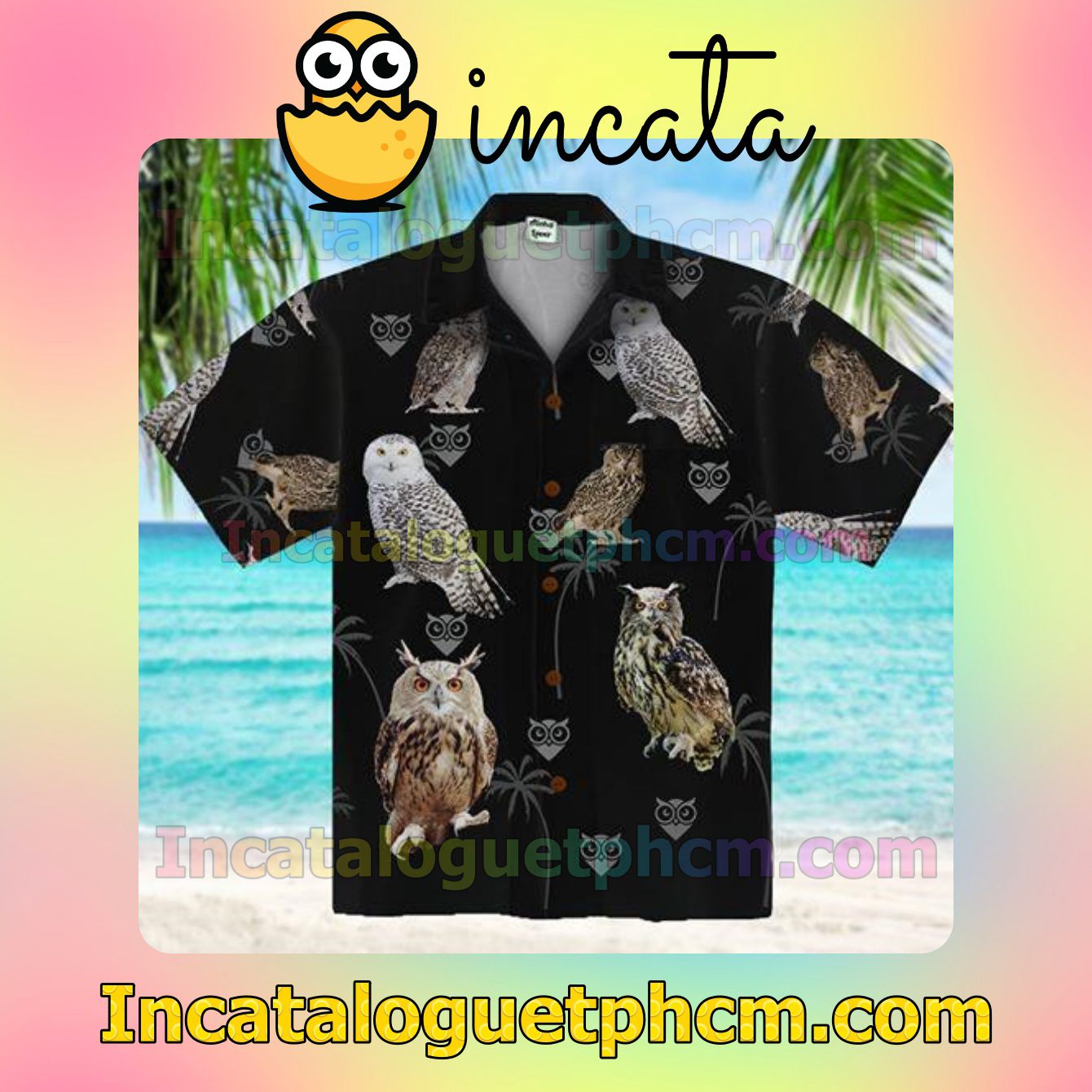 Owl Palm Tree Black Mens Short Sleeve Shirt