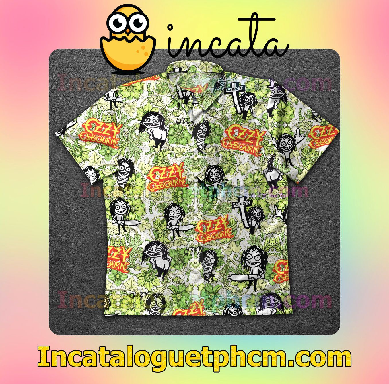 Ozzy Osbourne Green Flower Pattern Mens Short Sleeve Shirt