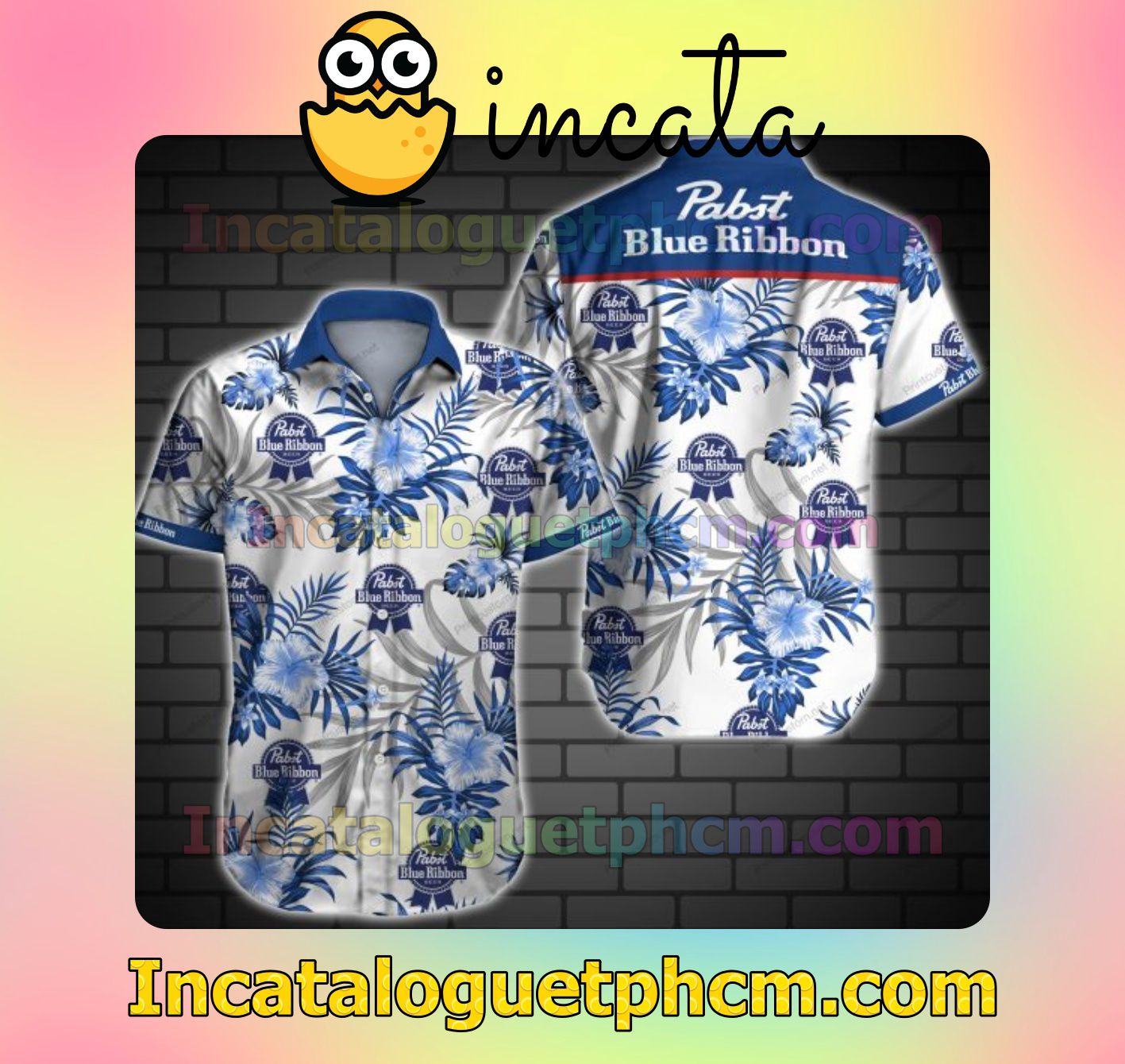 Pabst Blue Ribbon Blue Hibiscus And Palm Leaves White Mens Short Sleeve Shirt