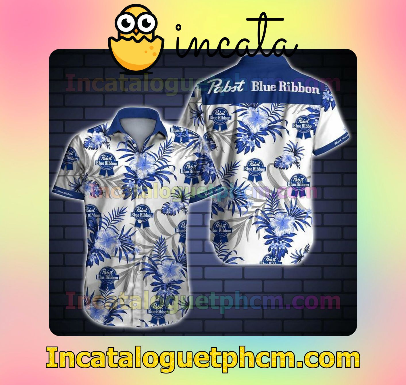 Pabst Blue Ribbon Blue Tropical Pattern Custom Short Sleeve Shirt