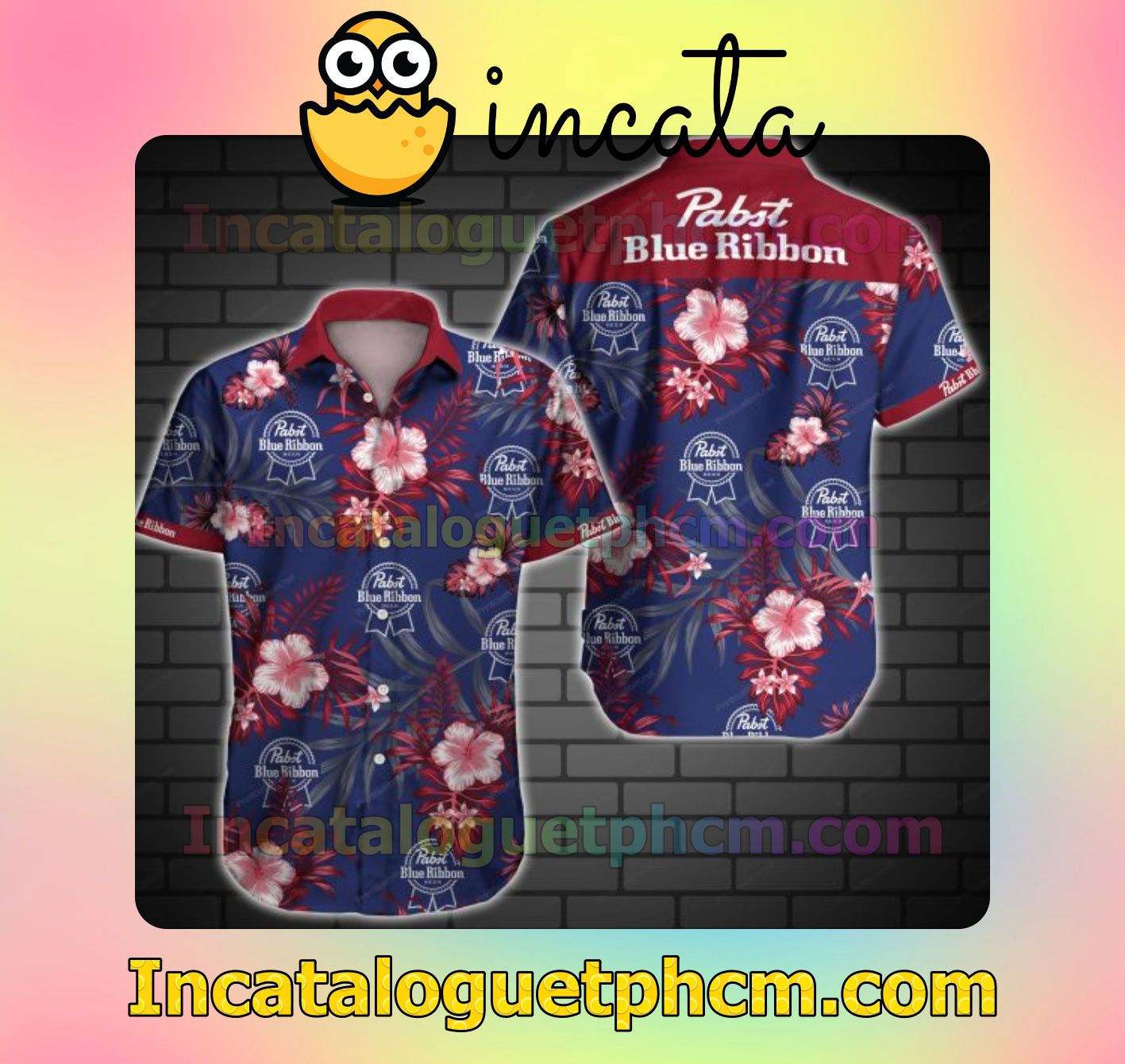 Pabst Blue Ribbon Red Tropical Floral Purple Mens Short Sleeve Shirt