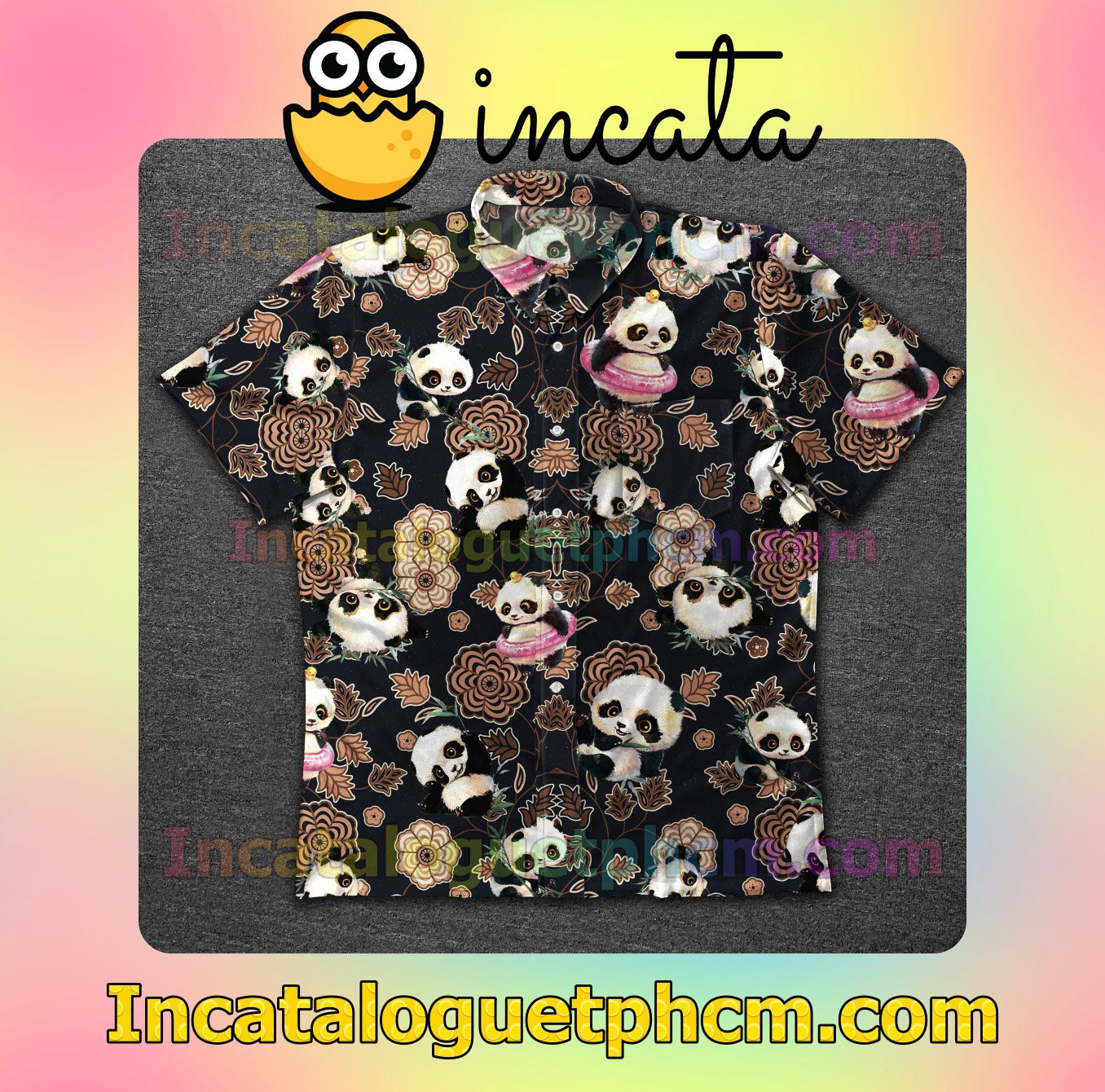 Panda Flower Brown Pattern Black Mens Short Sleeve Shirt