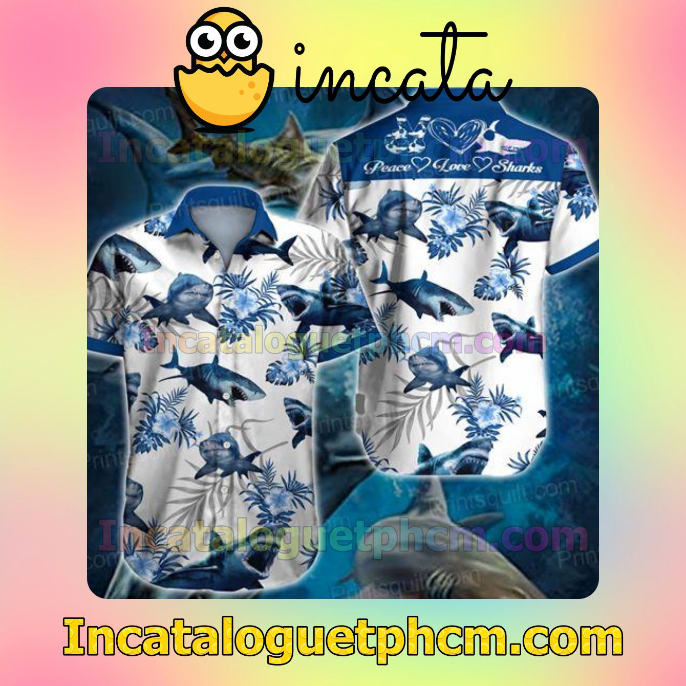 Peace Love Sharks Blue Tropical Floral White Mens Short Sleeve Shirt