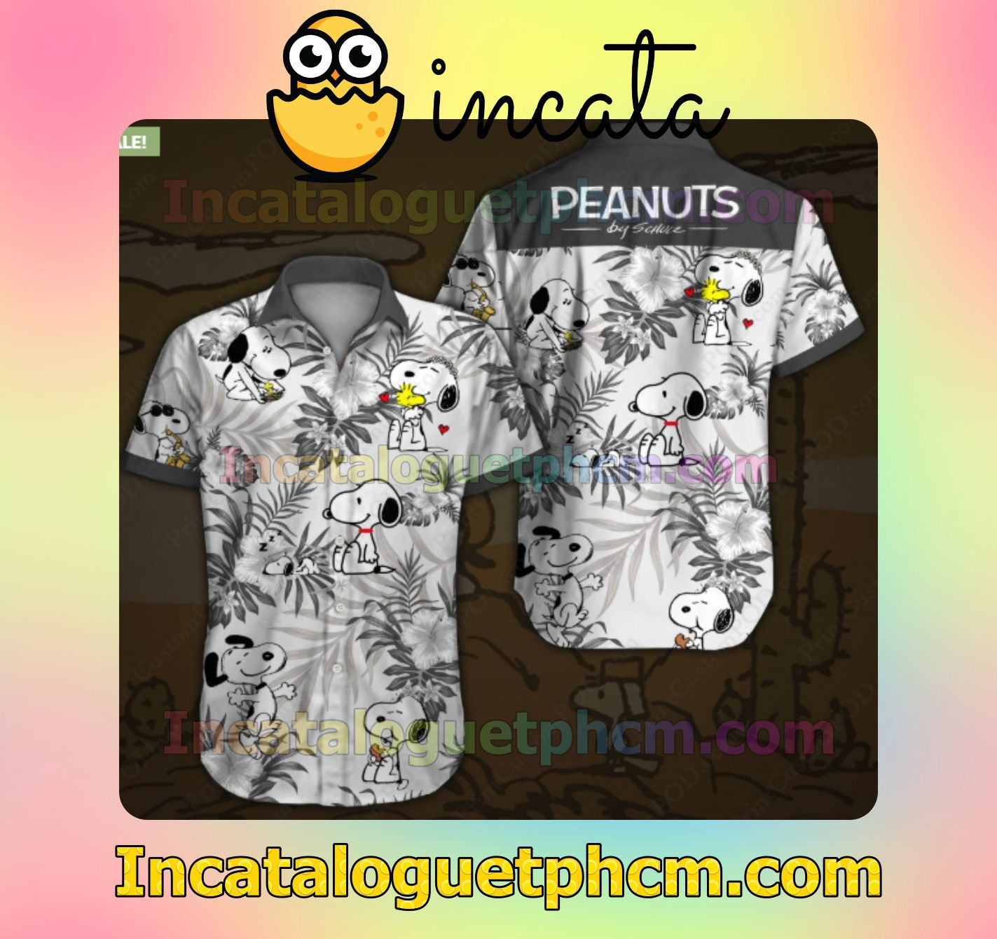 Peanuts Snoopy Grey Tropical Floral White Mens Short Sleeve Shirt