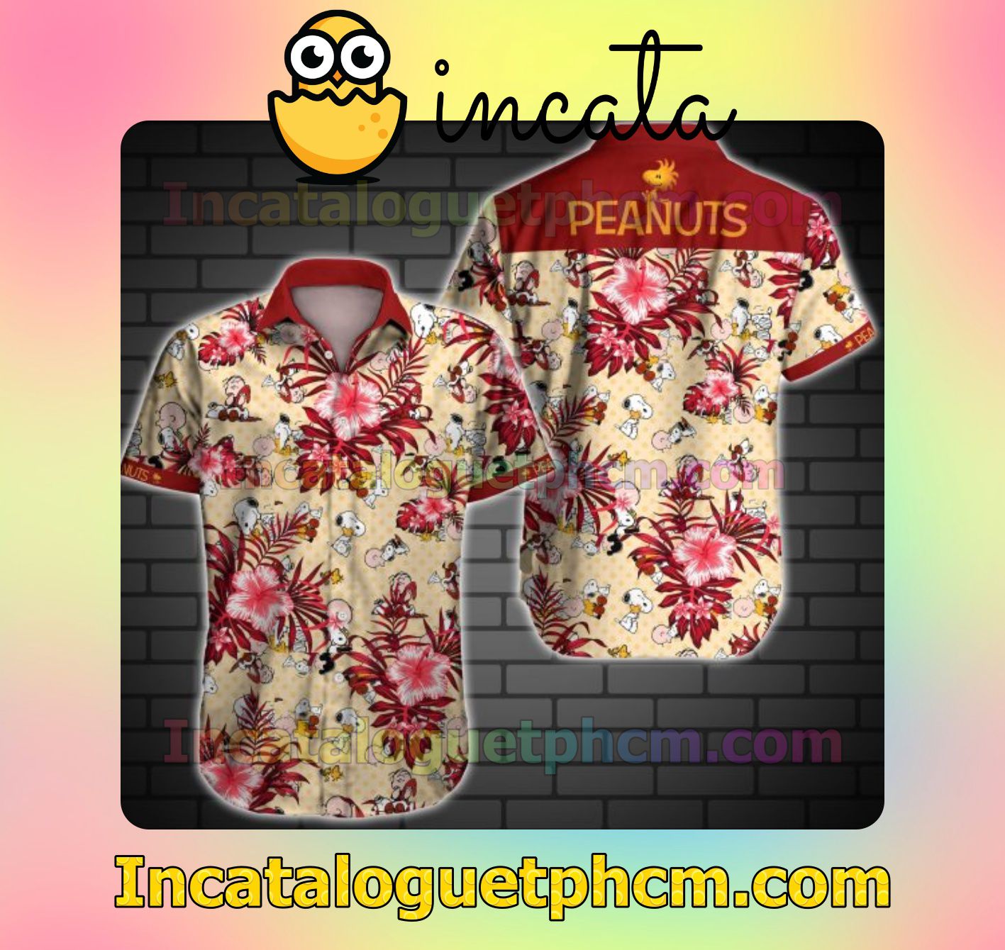 Peanuts Snoopy Red Tropical Floral Yellow Mens Short Sleeve Shirt