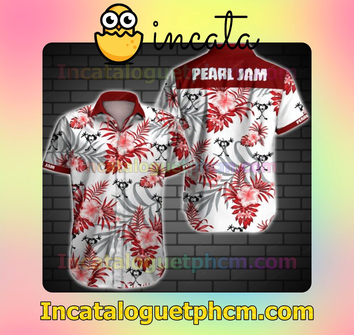 Pearl Jam Red Tropical Floral White Mens Short Sleeve Shirt