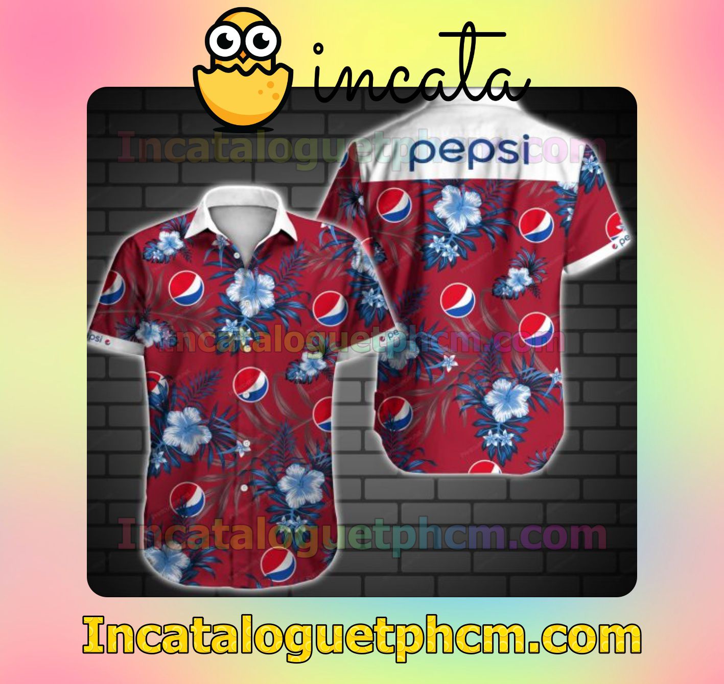 Pepsi Blue Tropical Floral Red Mens Short Sleeve Shirt