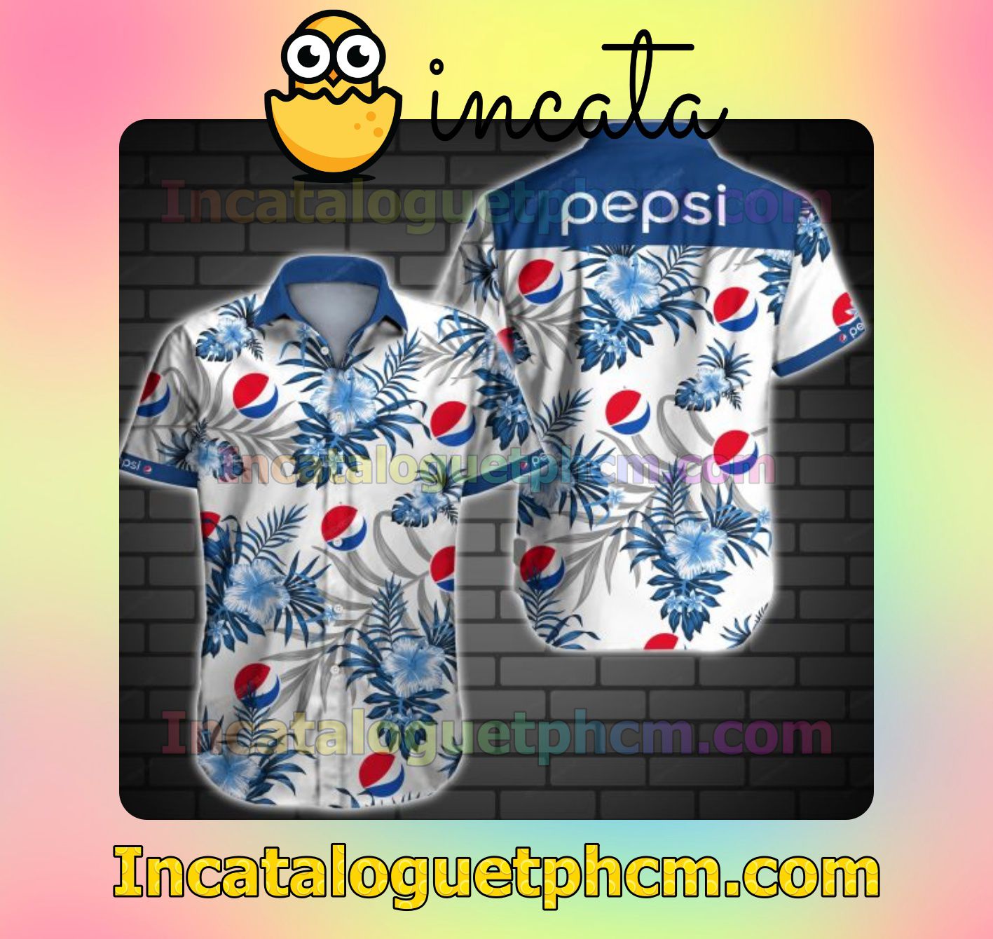 Pepsi Blue Tropical Floral White Mens Short Sleeve Shirt