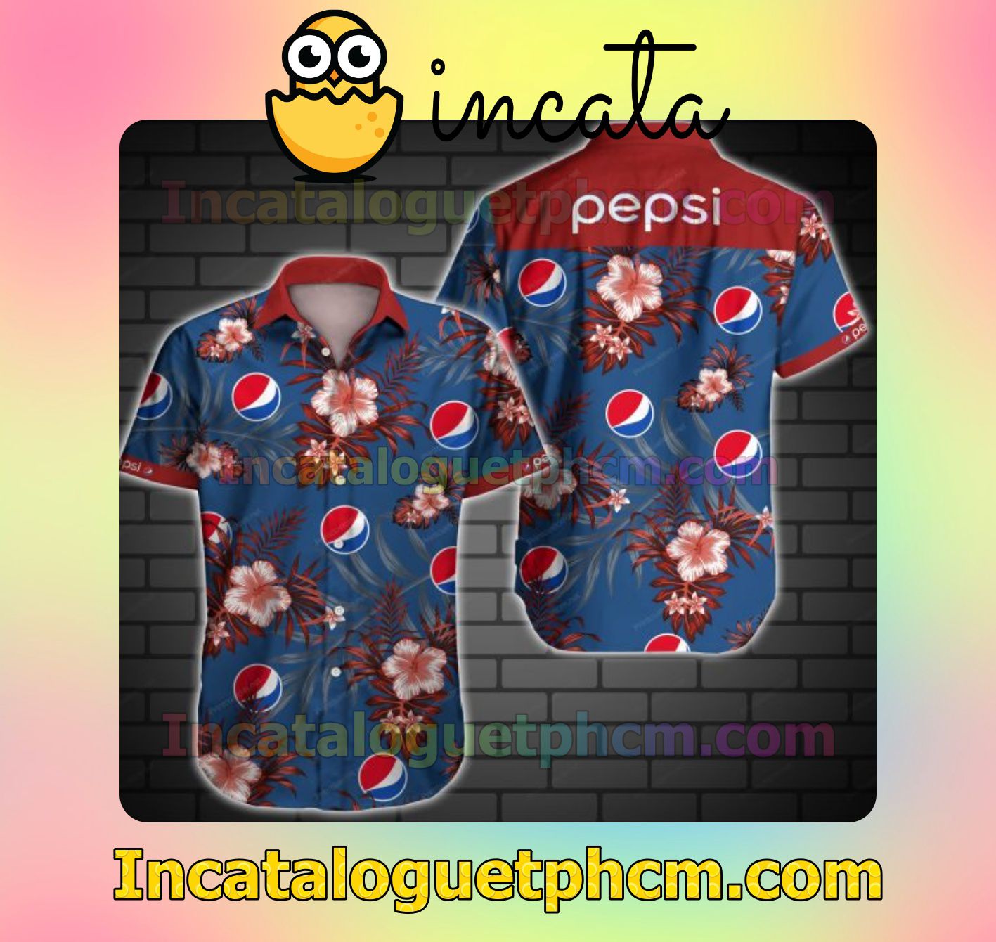 Pepsi Red Tropical Floral Navy Mens Short Sleeve Shirt