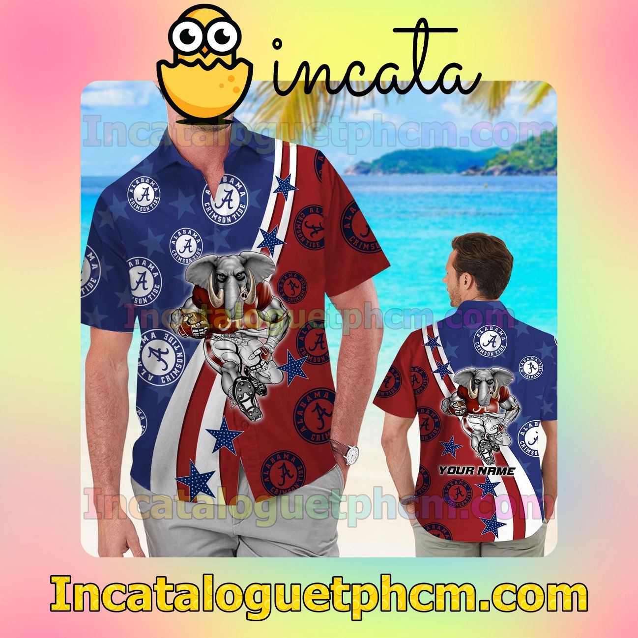 Personalized Alabama Crimson Tide American Flag Beach Vacation Shirt, Swim Shorts