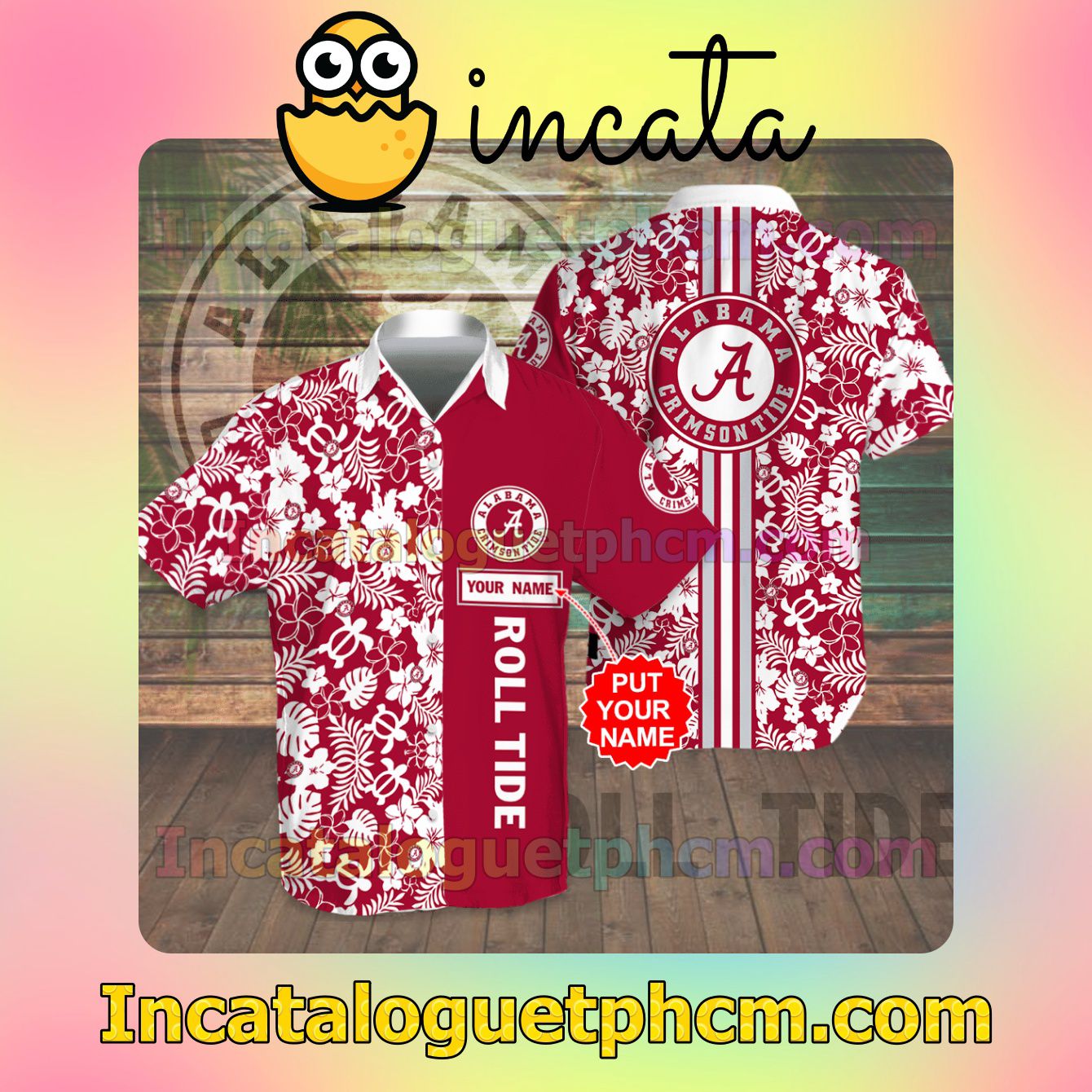 Personalized Alabama Crimson Tide Flowery Red Button Shirt And Swim Trunk