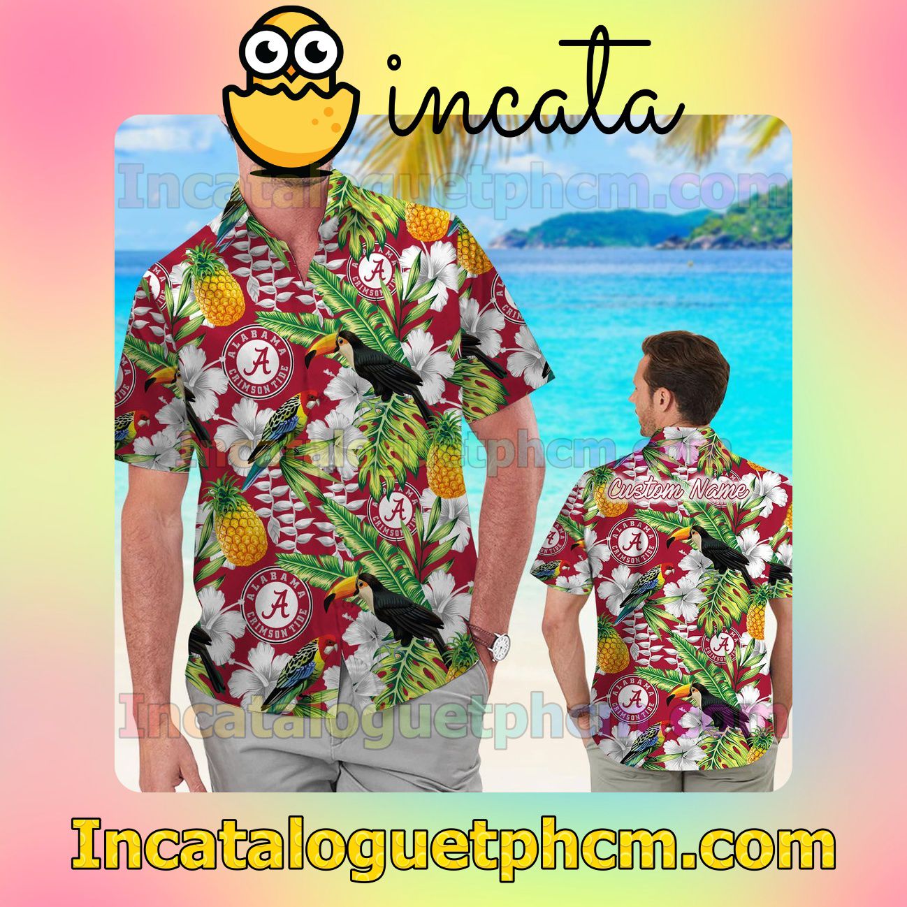Personalized Alabama Crimson Tide Parrot Floral Tropical Beach Vacation Shirt, Swim Shorts