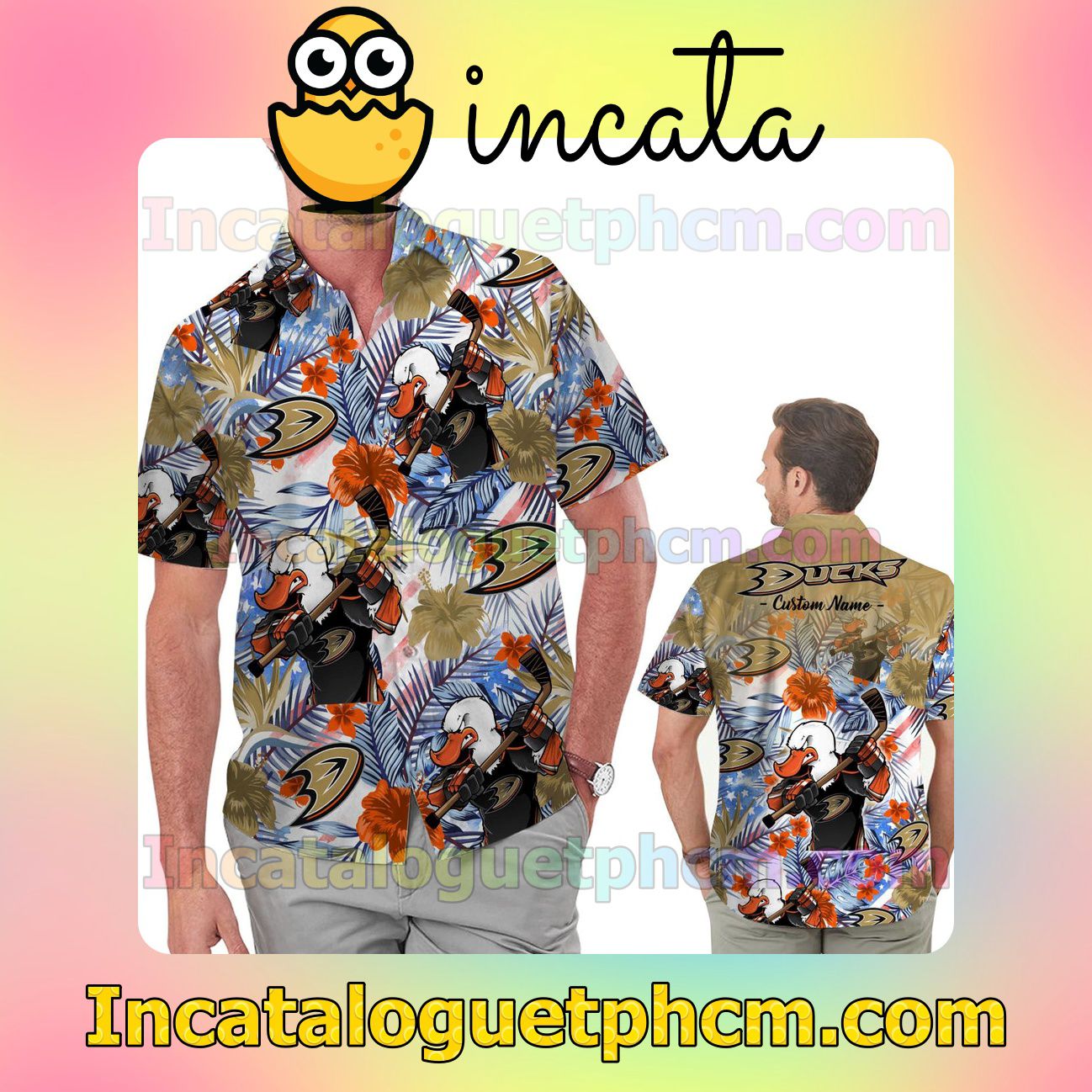 Personalized Anaheim Ducks Tropical Floral America Flag Beach Vacation Shirt, Swim Shorts