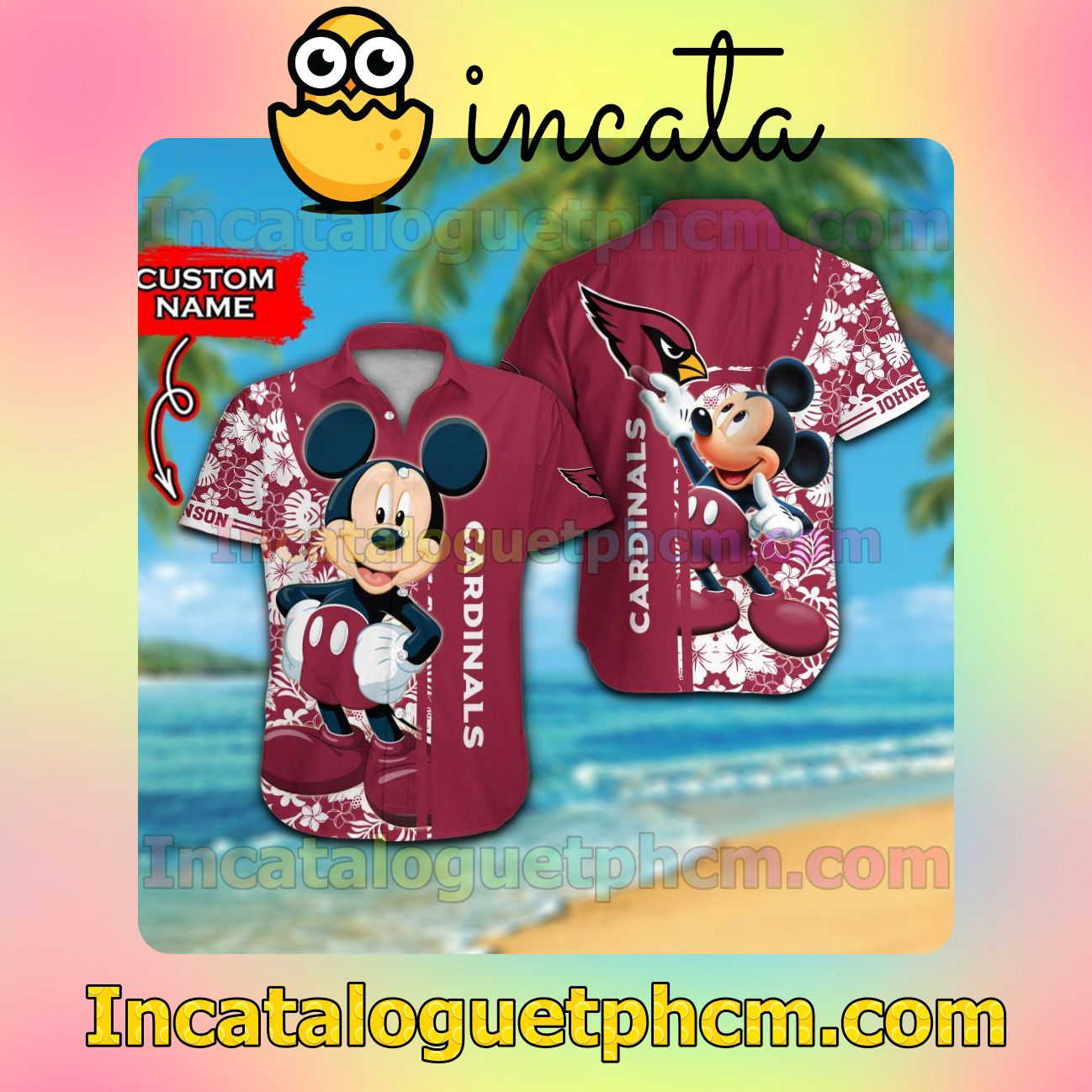 Personalized Arizona Cardinals & Mickey Mouse Beach Vacation Shirt, Swim Shorts