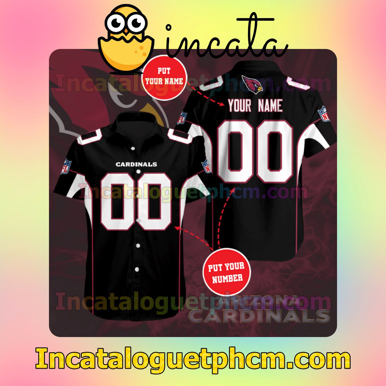 Personalized Arizona Cardinals Professional Football Team Cardinals Black Button Shirt And Swim Trunk