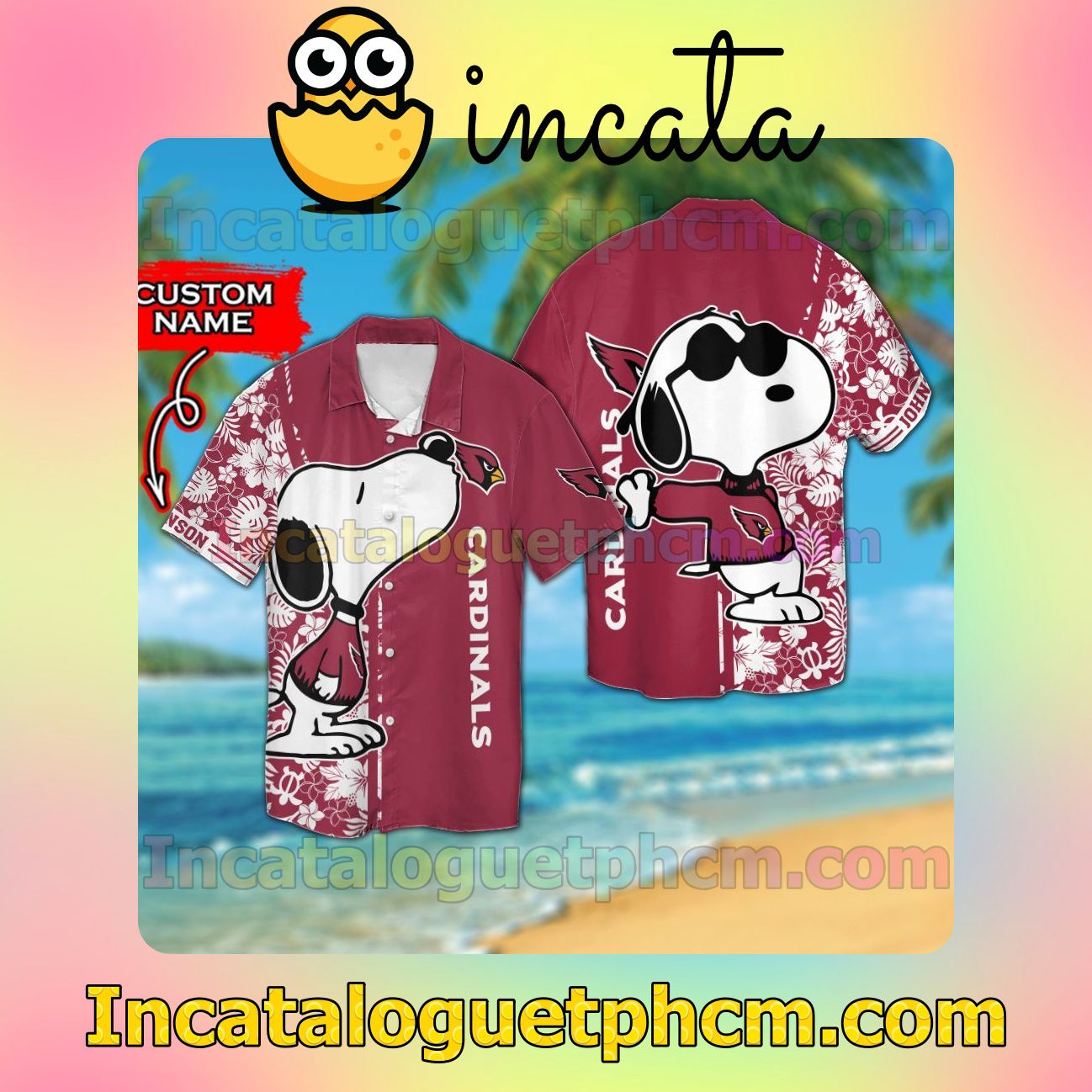 Personalized Arizona Cardinals & Snoopy Beach Vacation Shirt, Swim Shorts