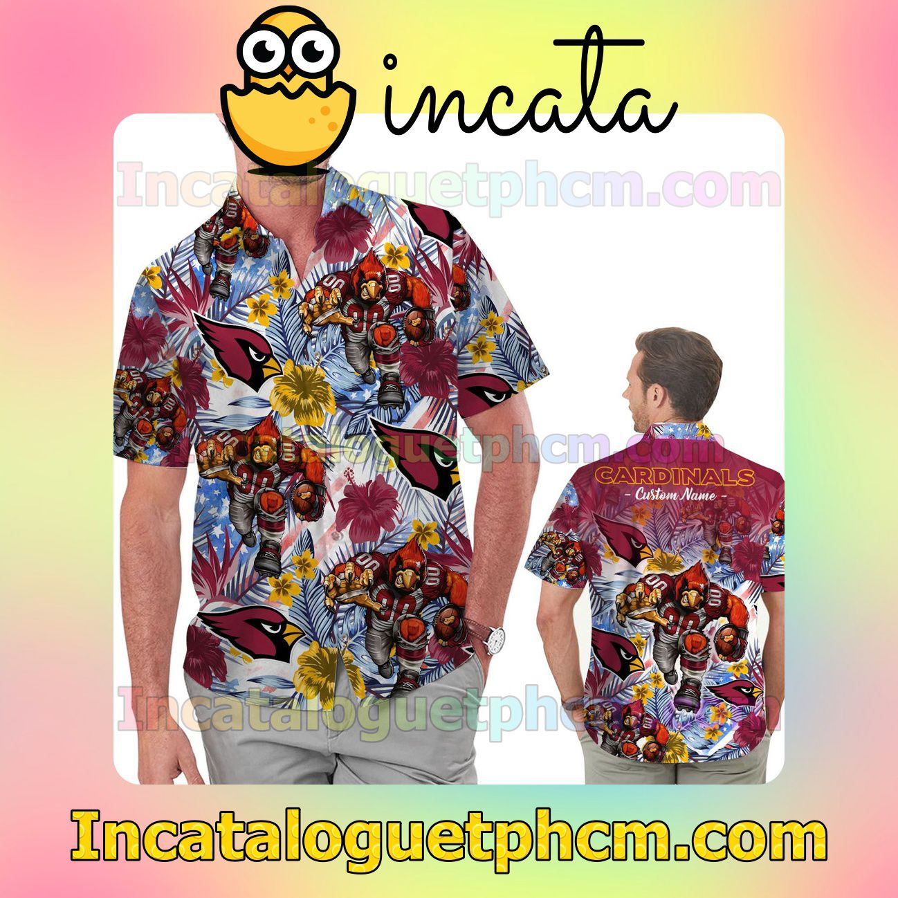 Personalized Arizona Cardinals Tropical Floral America Flag Aloha Beach Vacation Shirt, Swim Shorts