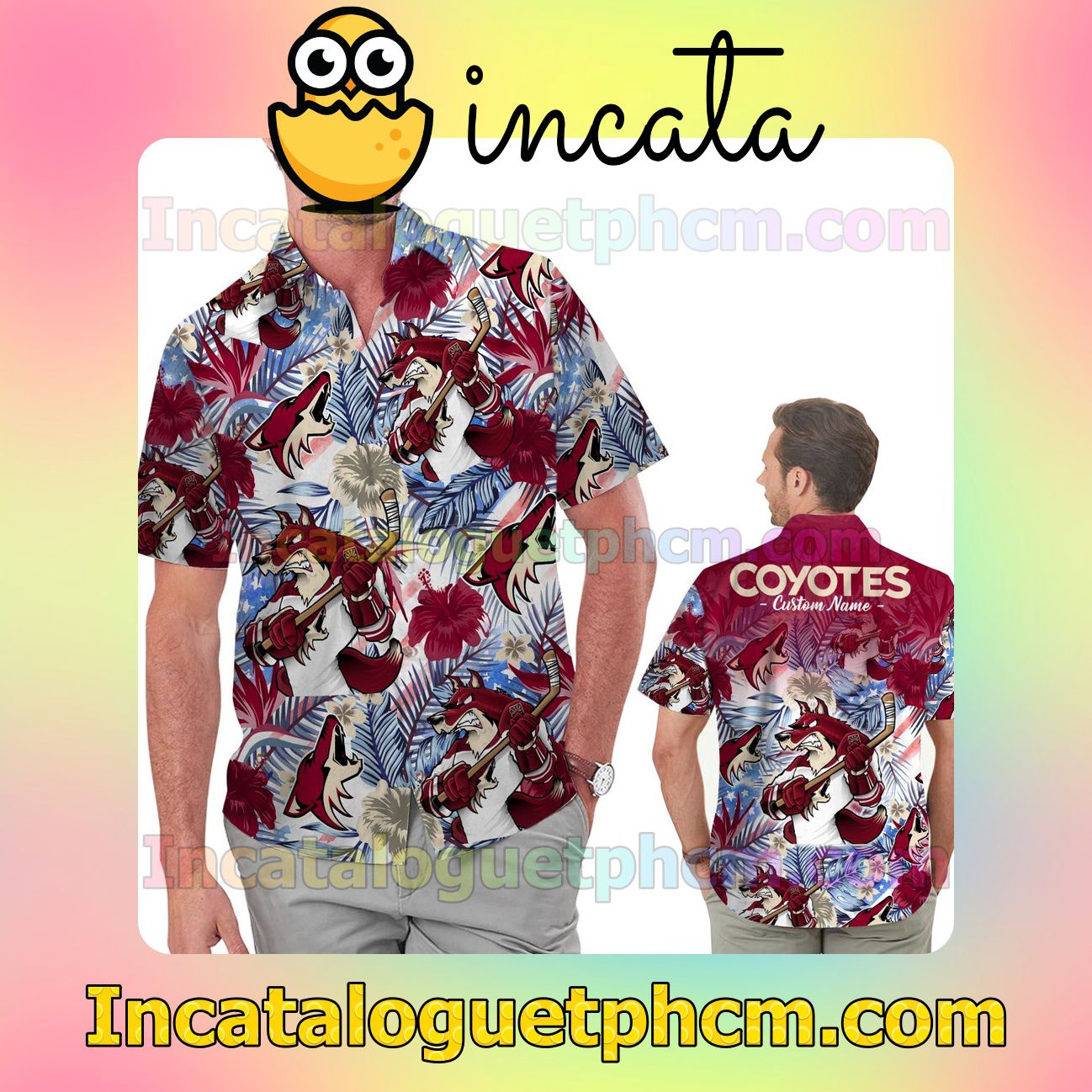Personalized Arizona Coyotes Tropical Floral America Flag Beach Vacation Shirt, Swim Shorts