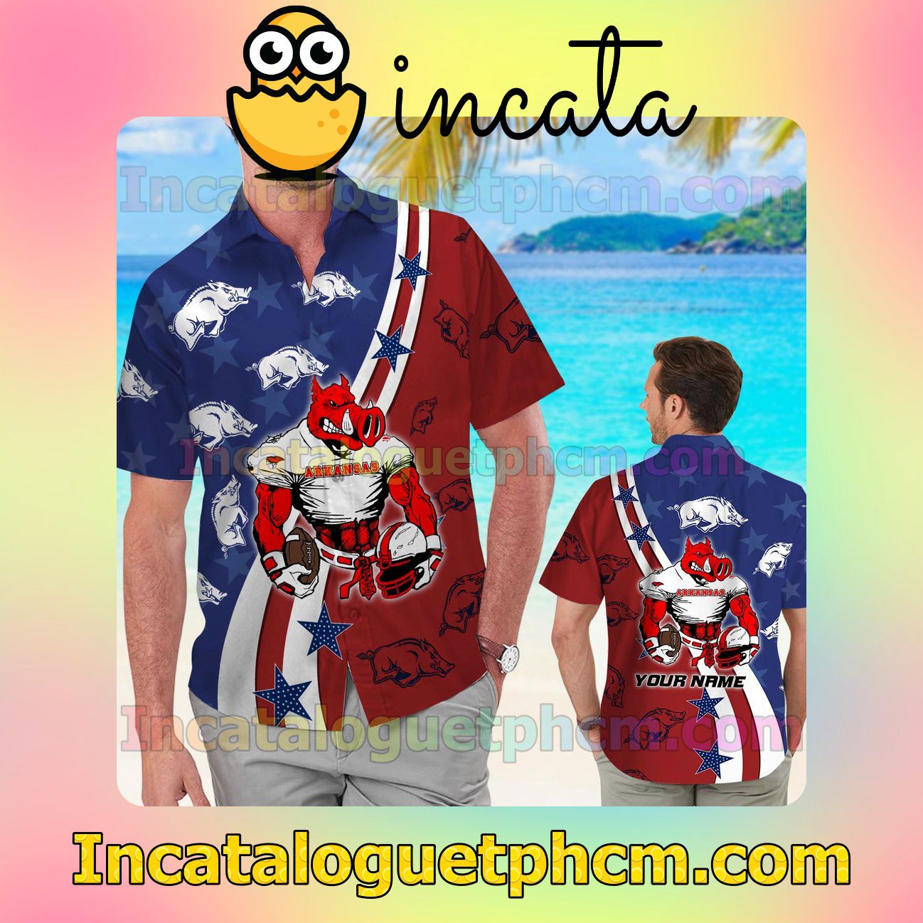 Personalized Arkansas Razorbacks American Flag Beach Vacation Shirt, Swim Shorts