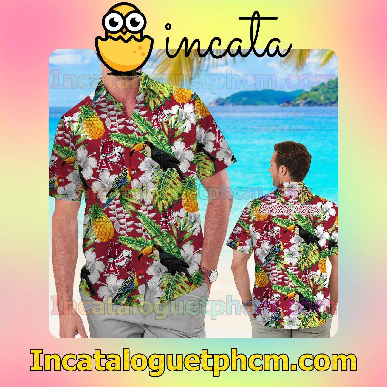 Personalized Arkansas Razorbacks Parrot Floral Tropical Beach Vacation Shirt, Swim Shorts