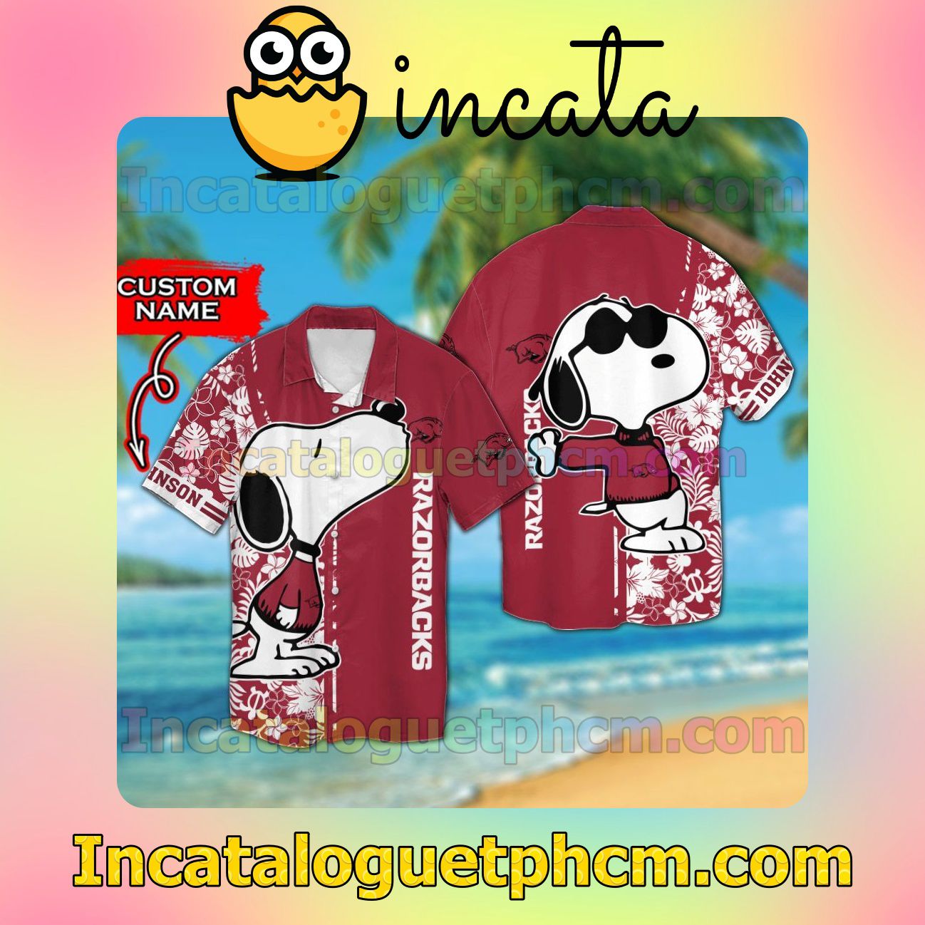 Personalized Arkansas Razorbacks & Snoopy Beach Vacation Shirt, Swim Shorts