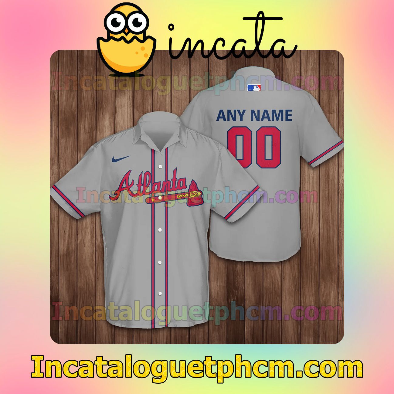 Personalized Atlanta Braves Baseball Grey Button Shirt And Swim Trunk