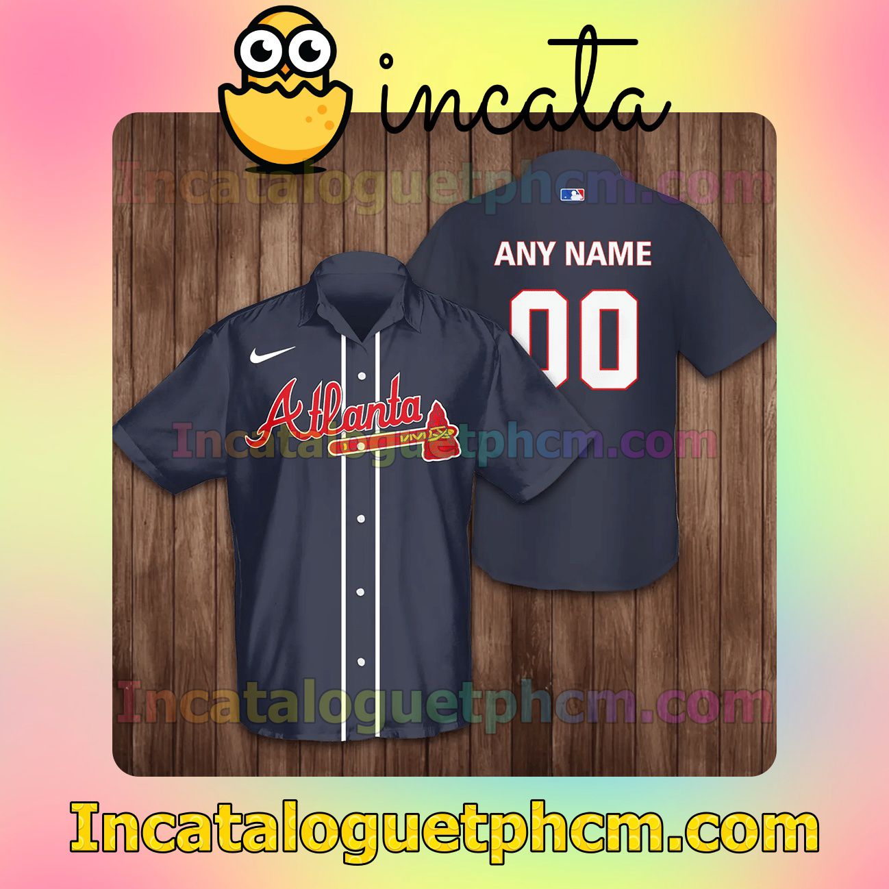 Personalized Atlanta Braves Baseball Navy Button Shirt And Swim Trunk