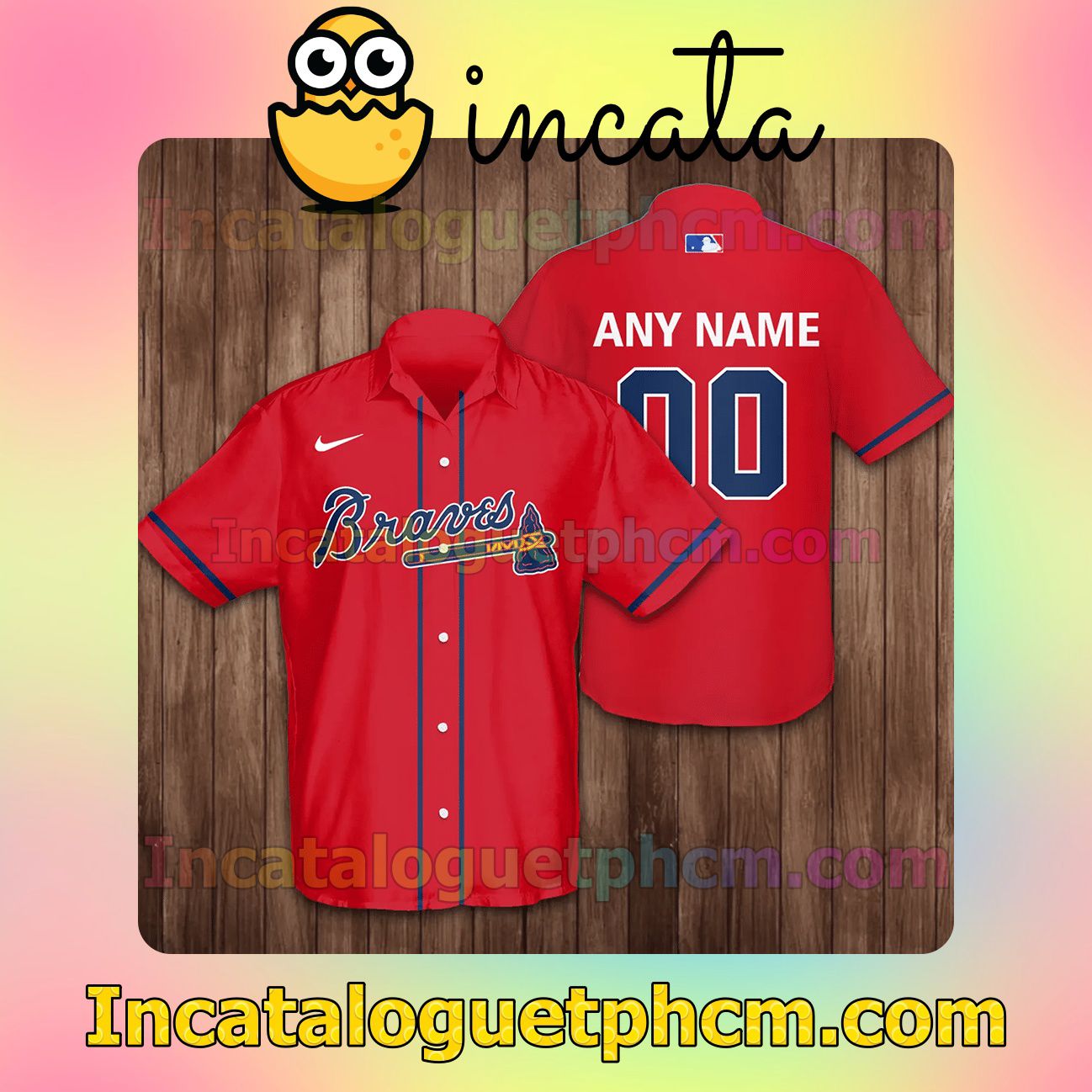 Personalized Atlanta Braves Baseball Red Button Shirt And Swim Trunk