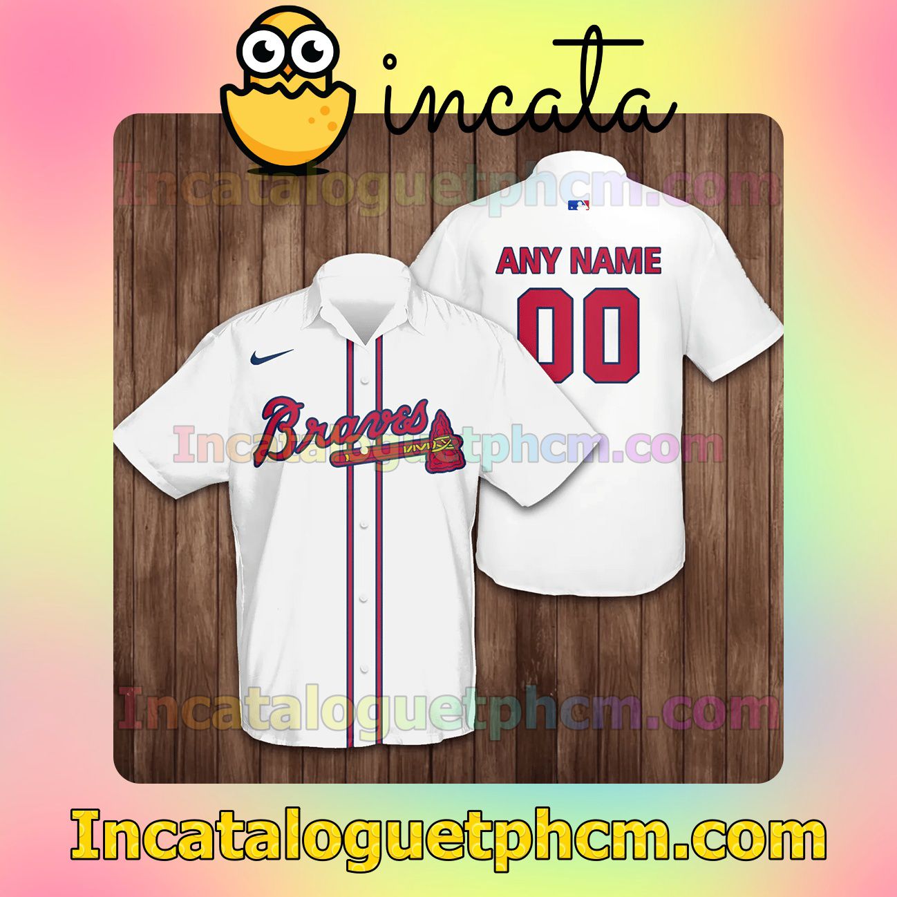 Personalized Atlanta Braves Baseball White Button Shirt And Swim Trunk