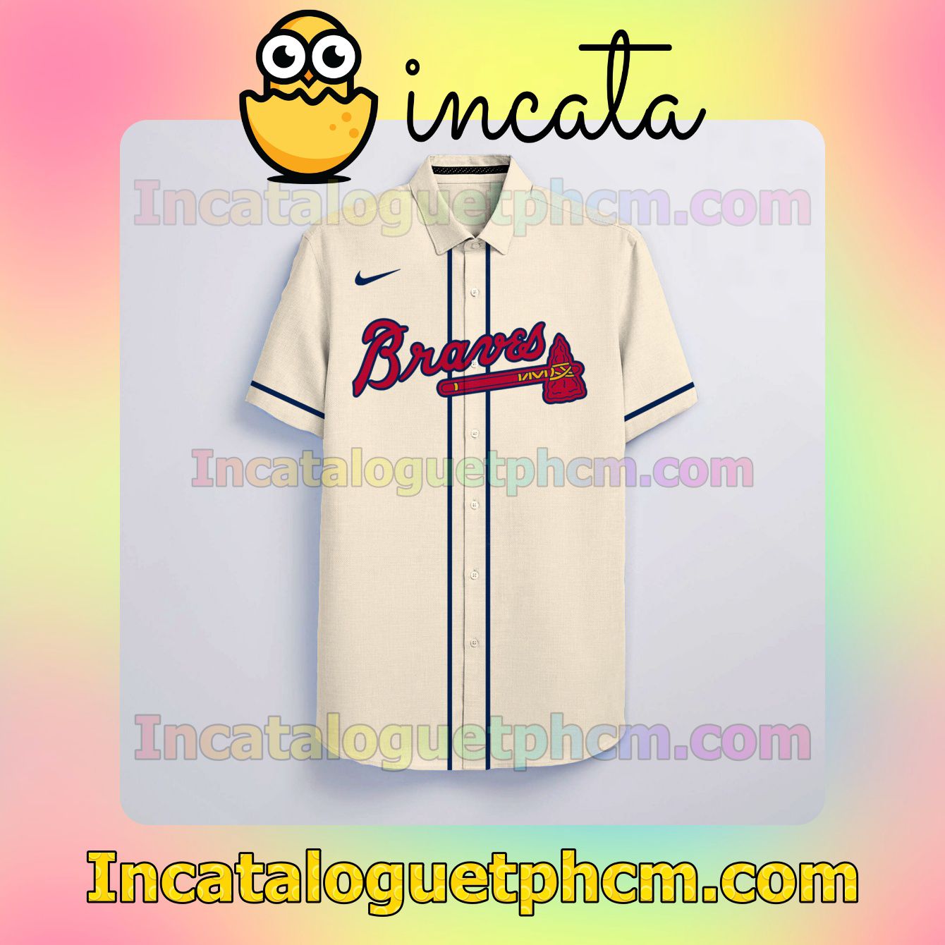 Personalized Atlanta Braves Beige Button Shirt And Swim Trunk