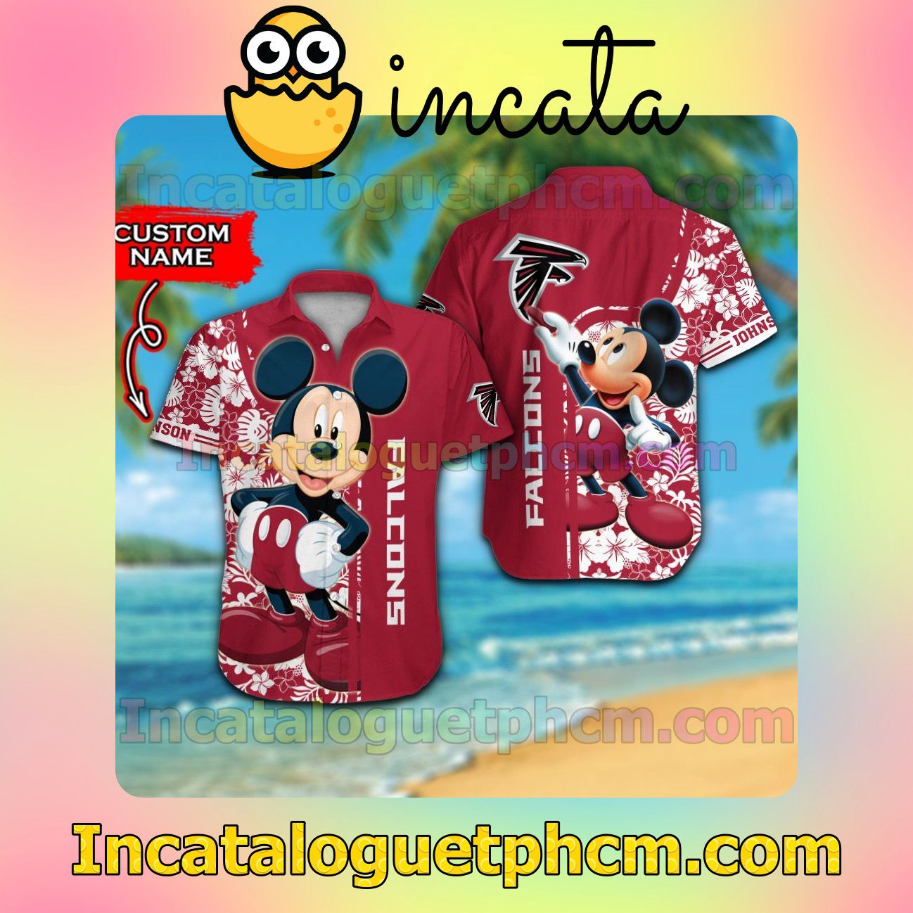 Personalized Atlanta Falcons & Mickey Mouse Beach Vacation Shirt, Swim Shorts