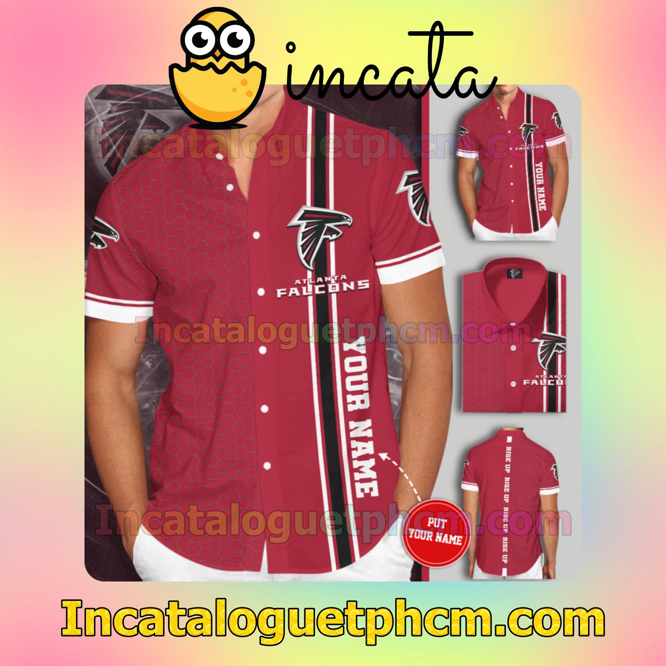 Personalized Atlanta Falcons Rise Up Tiling Red Button Shirt And Swim Trunk