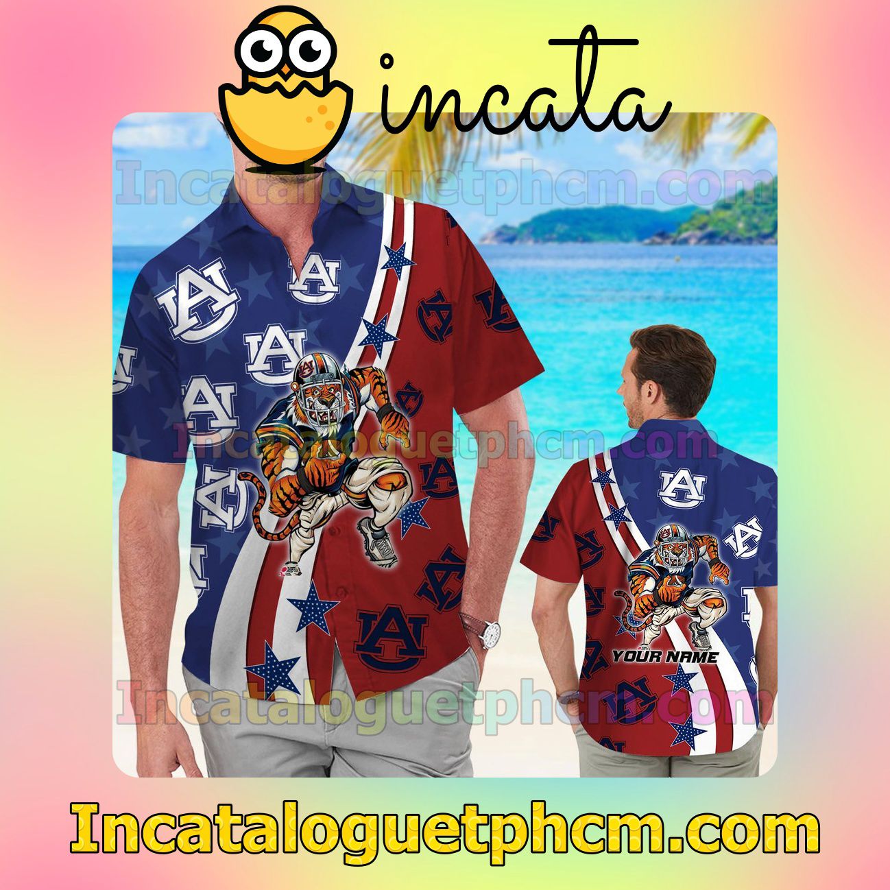 Personalized Auburn Tigers American Flag Beach Vacation Shirt, Swim Shorts