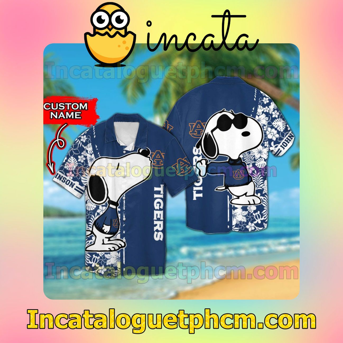 Personalized Auburn Tigers & Snoopy Beach Vacation Shirt, Swim Shorts