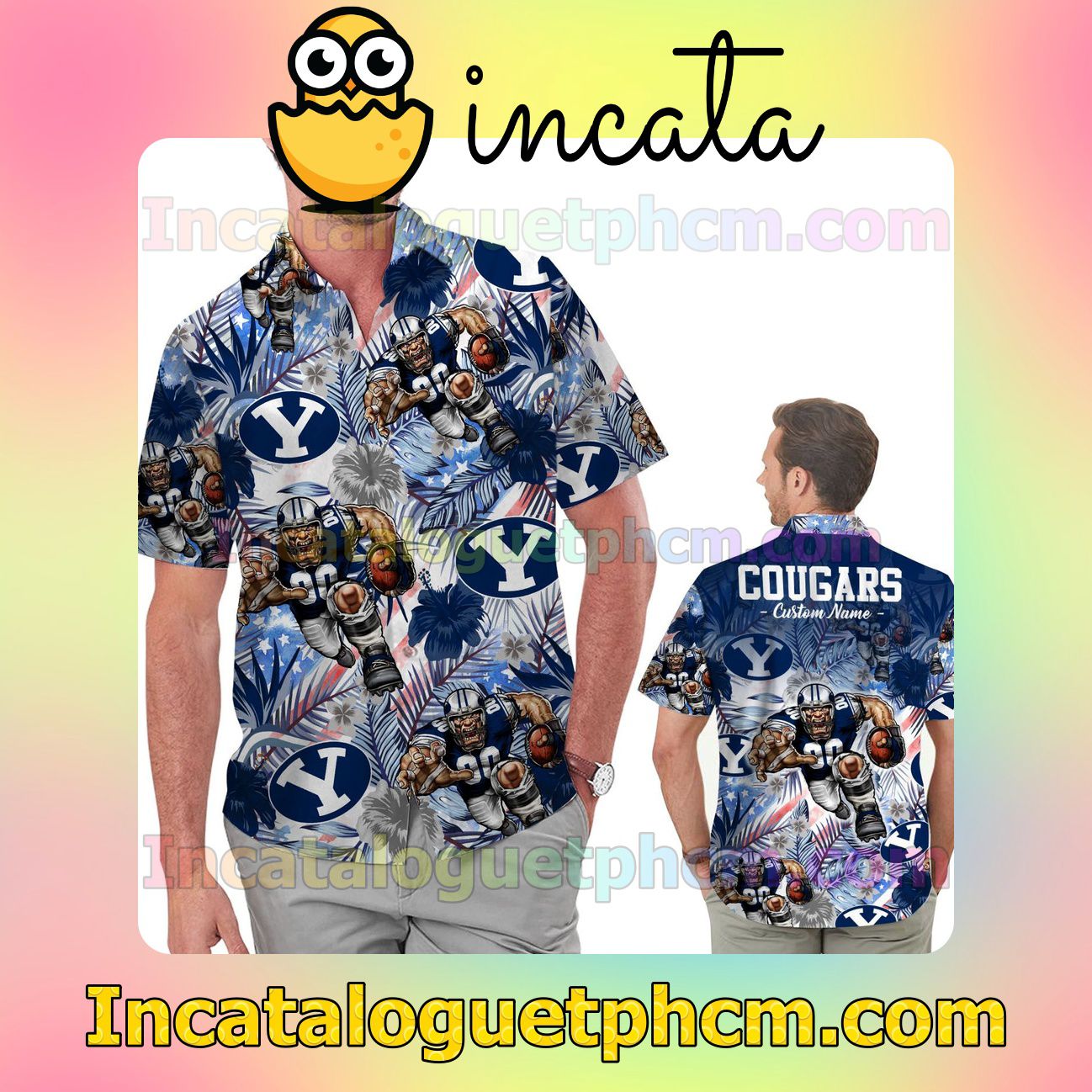 Personalized BYU Cougars Tropical Floral America Flag For NCAA Football Lovers Brigham Young University Beach Vacation Shirt, Swim Shorts
