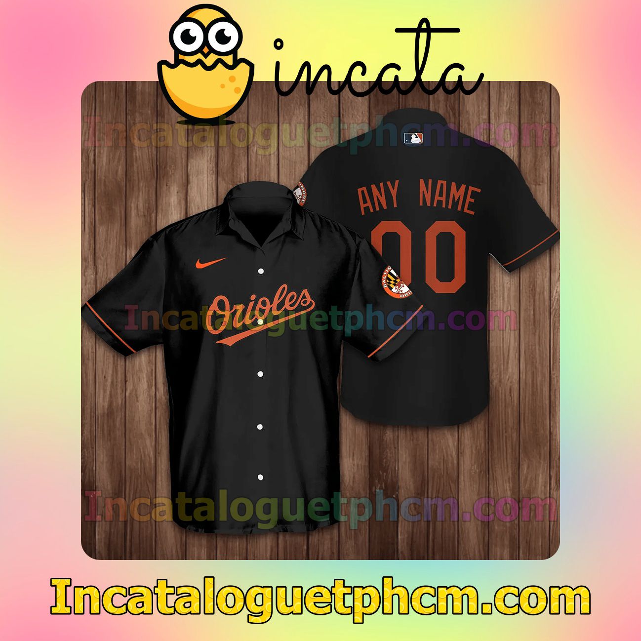 Personalized Baltimore Orioles Baseball Black Button Shirt And Swim Trunk