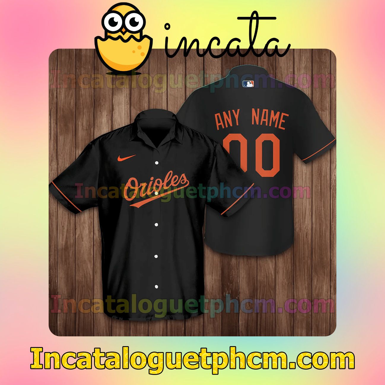Personalized Baltimore Orioles Baseball Black Logo Branded Button Shirt And Swim Trunk