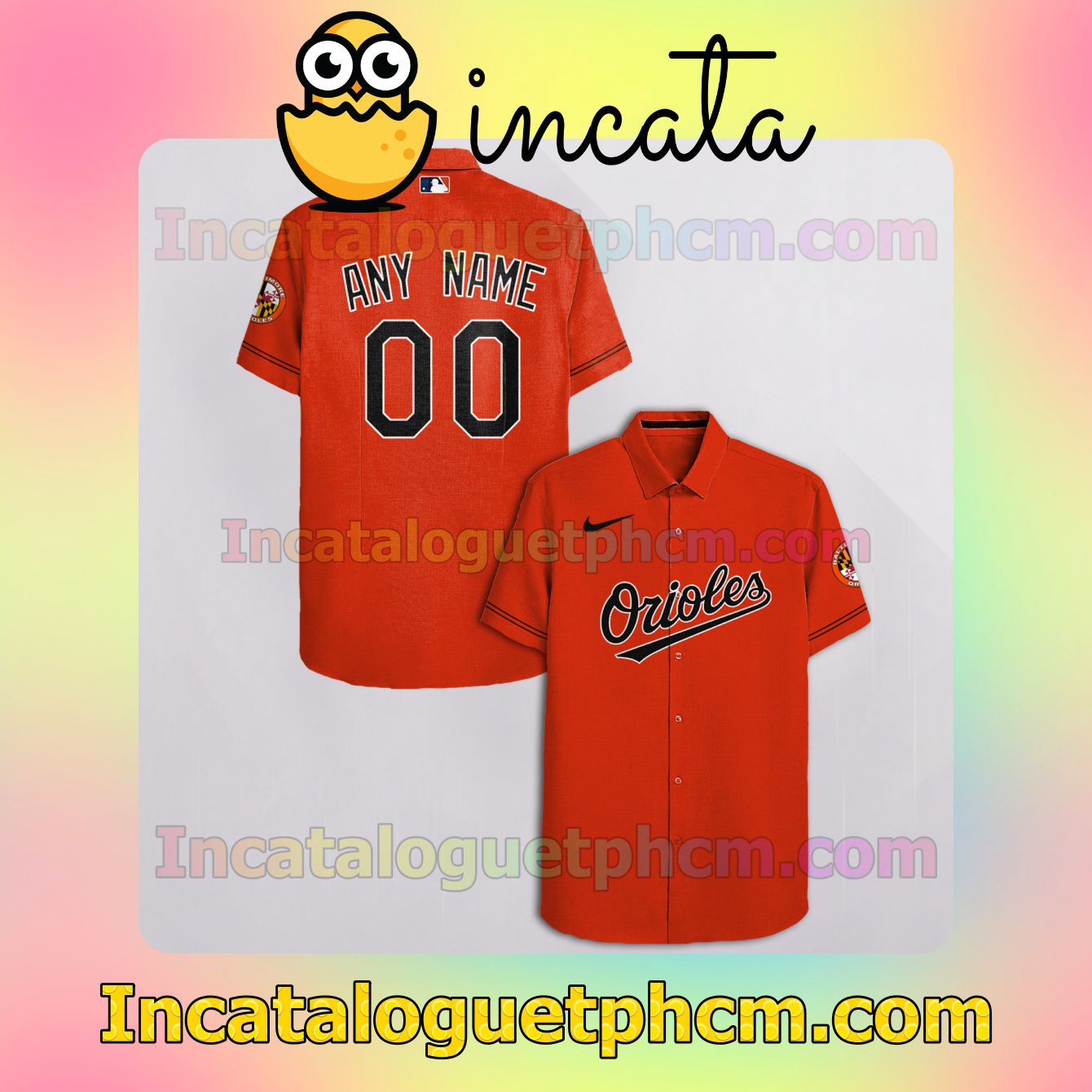Personalized Baltimore Orioles Orange Button Shirt And Swim Trunk