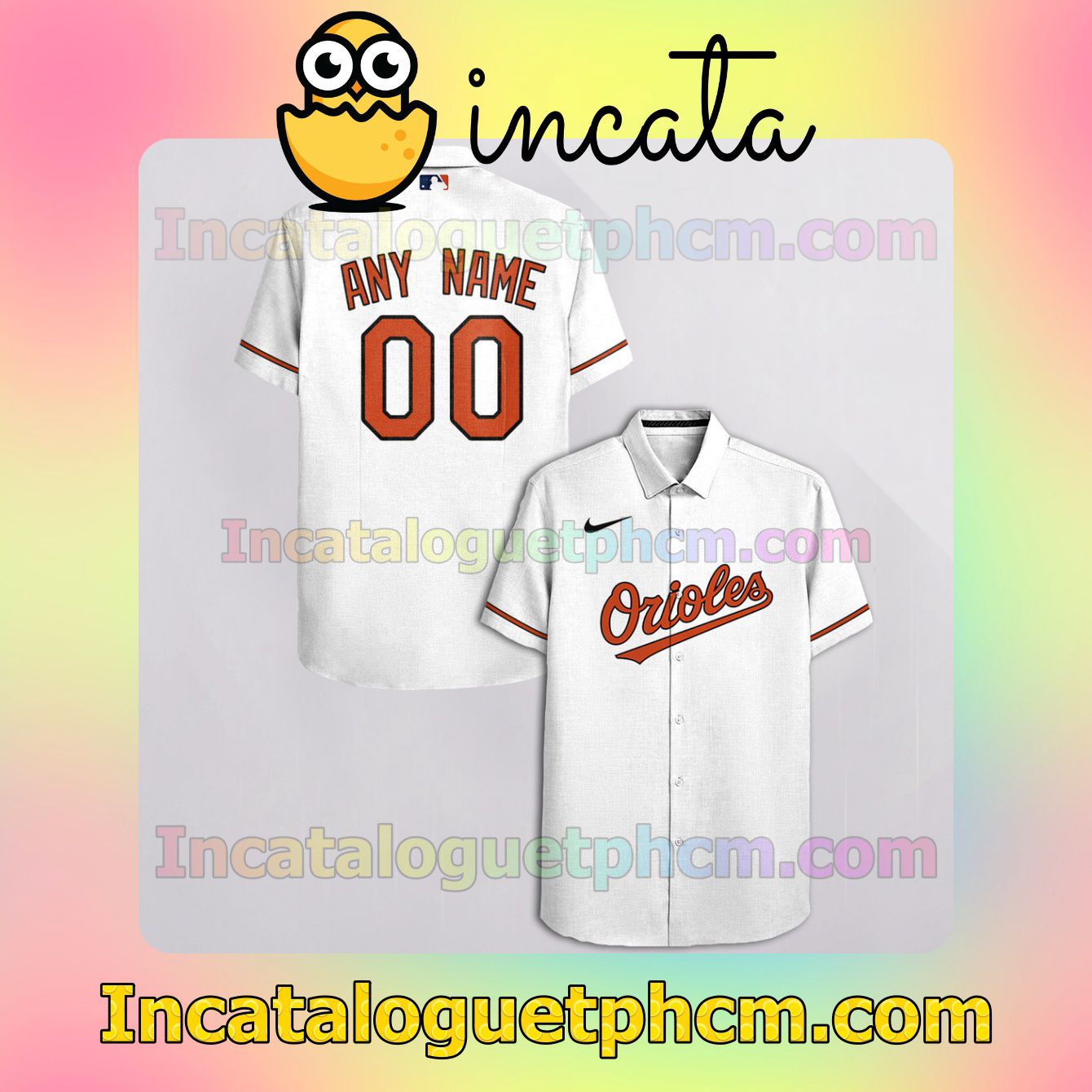 Personalized Baltimore Orioles White Button Shirt And Swim Trunk