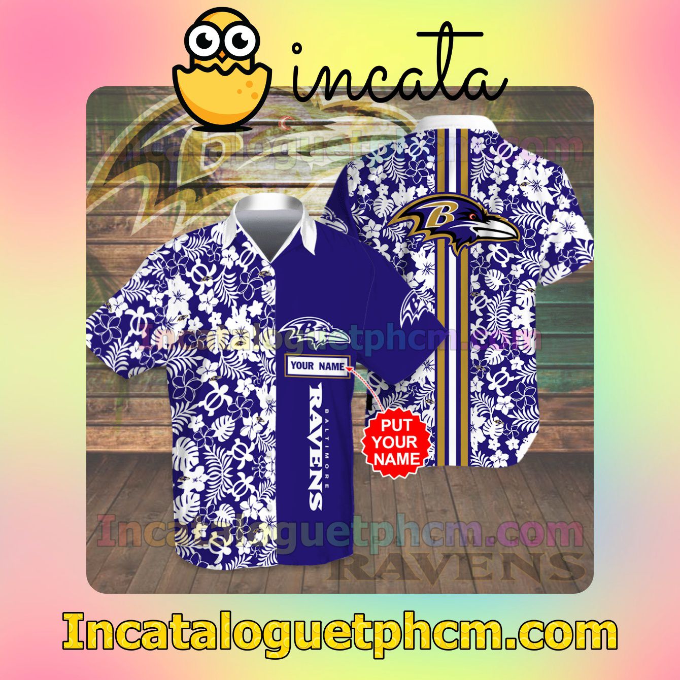 Personalized Baltimore Ravens Flowery Neon Blue Button Shirt And Swim Trunk