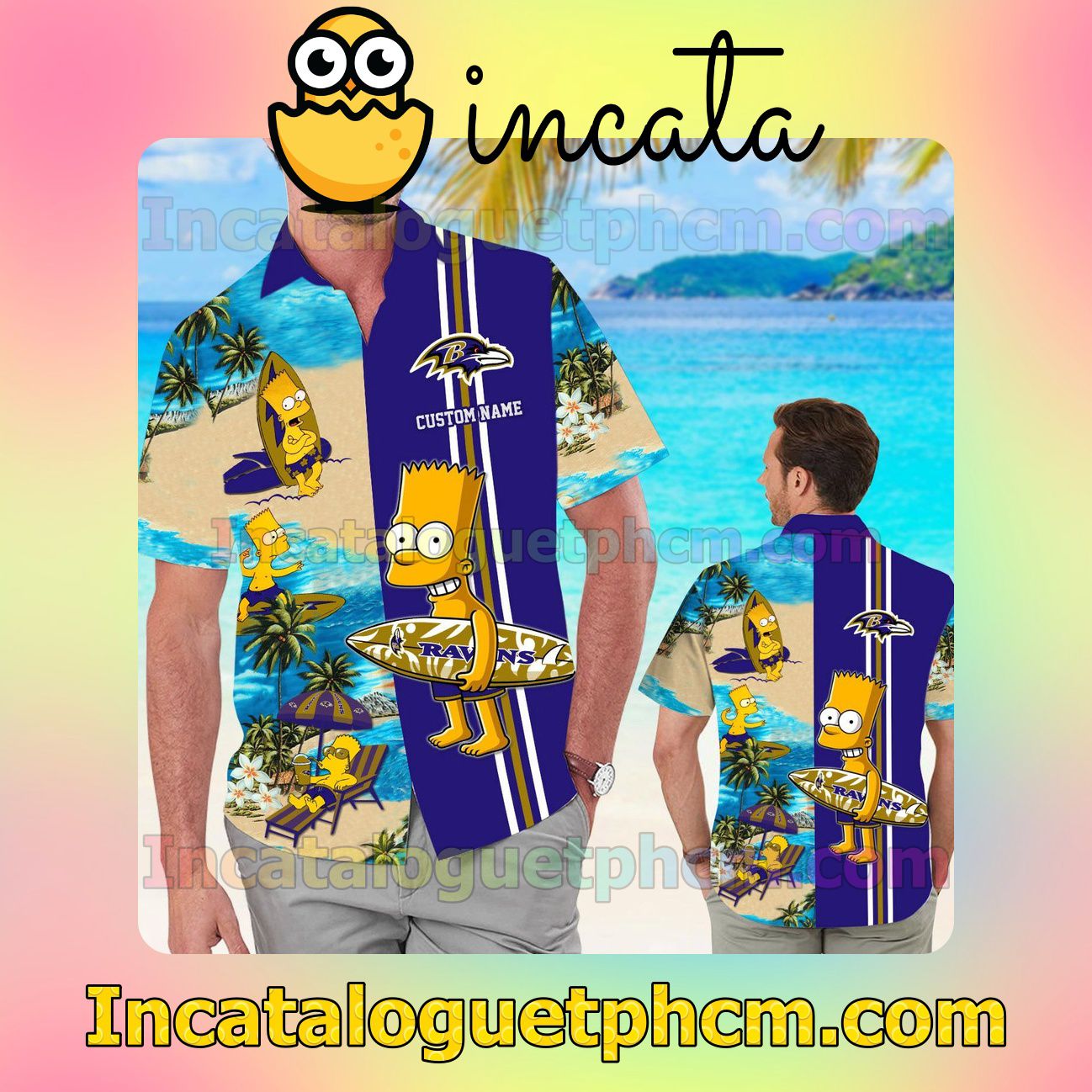 Personalized Baltimore Ravens Simpsons Beach Vacation Shirt, Swim Shorts