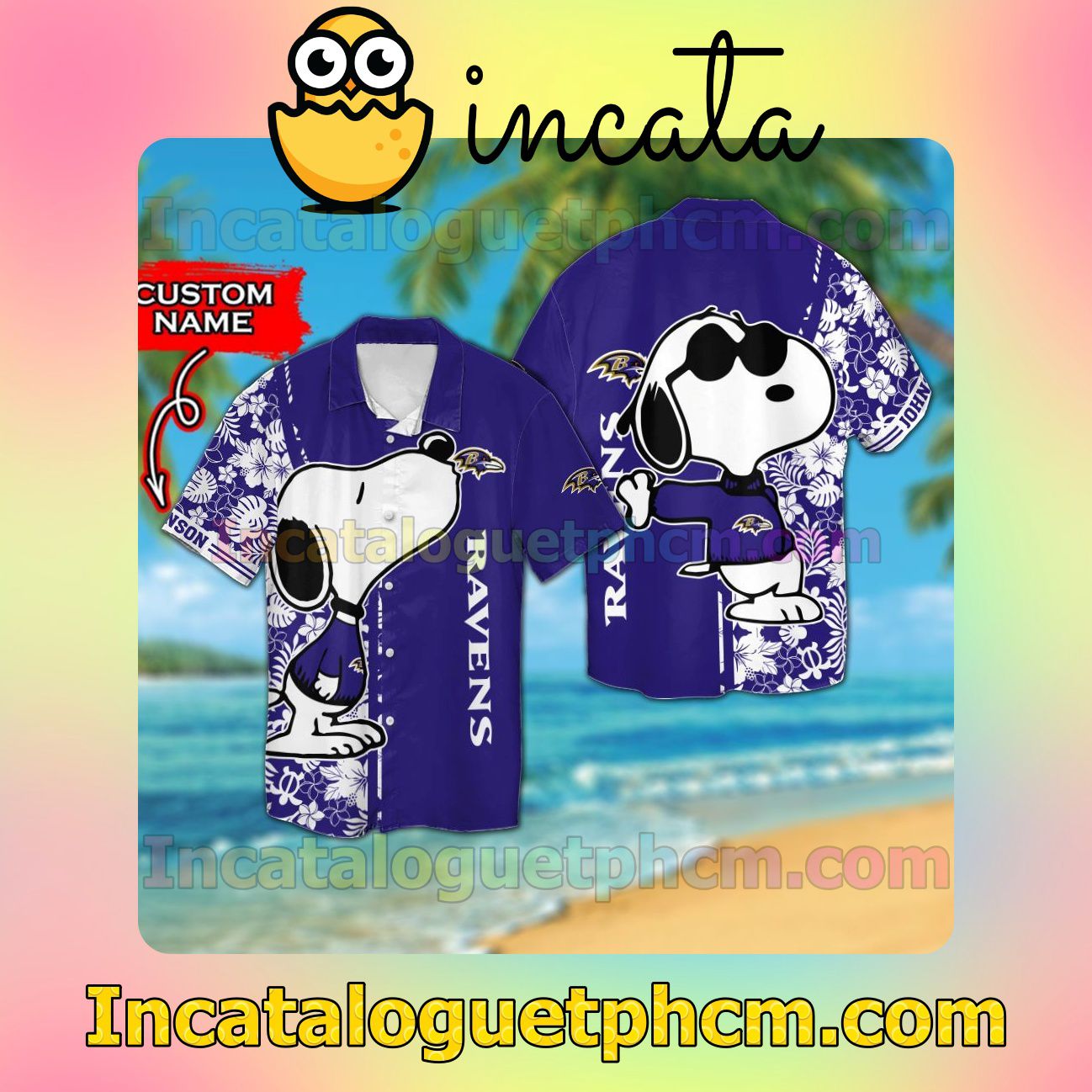 Personalized Baltimore Ravens & Snoopy Beach Vacation Shirt, Swim Shorts