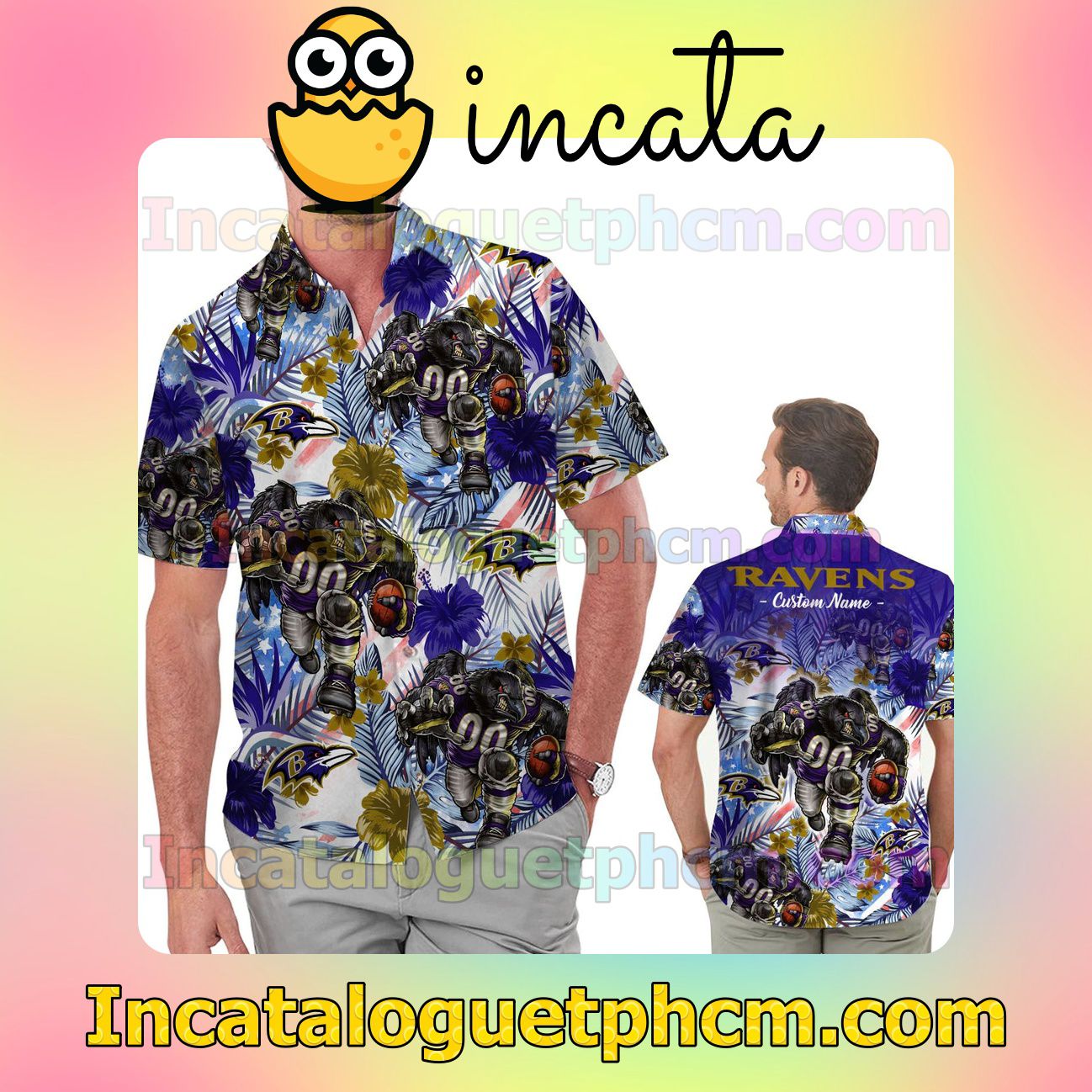 Personalized Baltimore Ravens Tropical Floral America Flag Aloha Beach Vacation Shirt, Swim Shorts