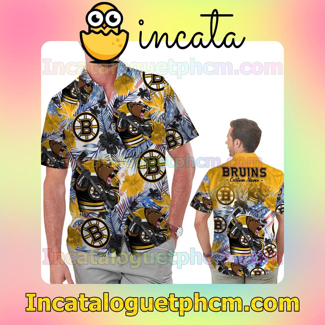 Personalized Boston Bruins Tropical Floral America Flag Beach Vacation Shirt, Swim Shorts