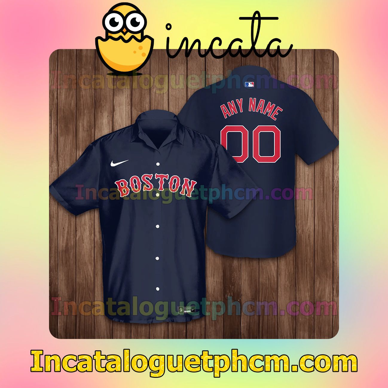 Personalized Boston Red Sox Baseball Navy Button Shirt And Swim Trunk